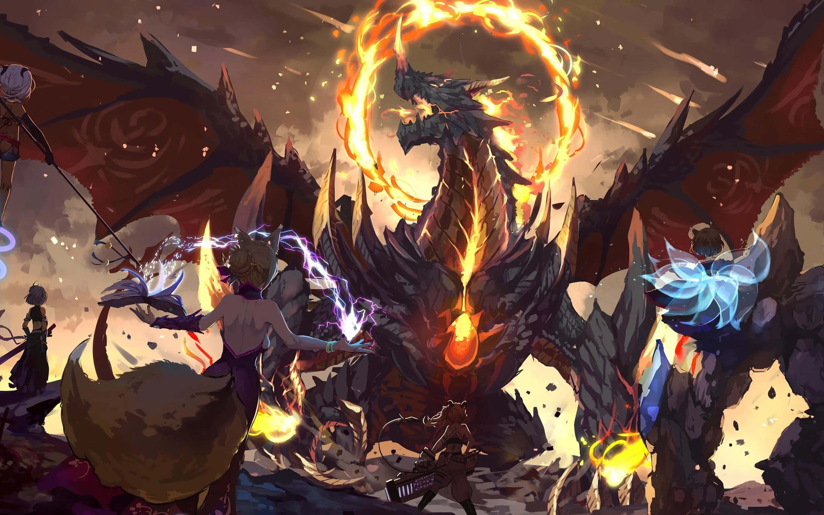 Isang dragon ang nakatayo sa harap ng isang grupo ng mga tao Wallpaper