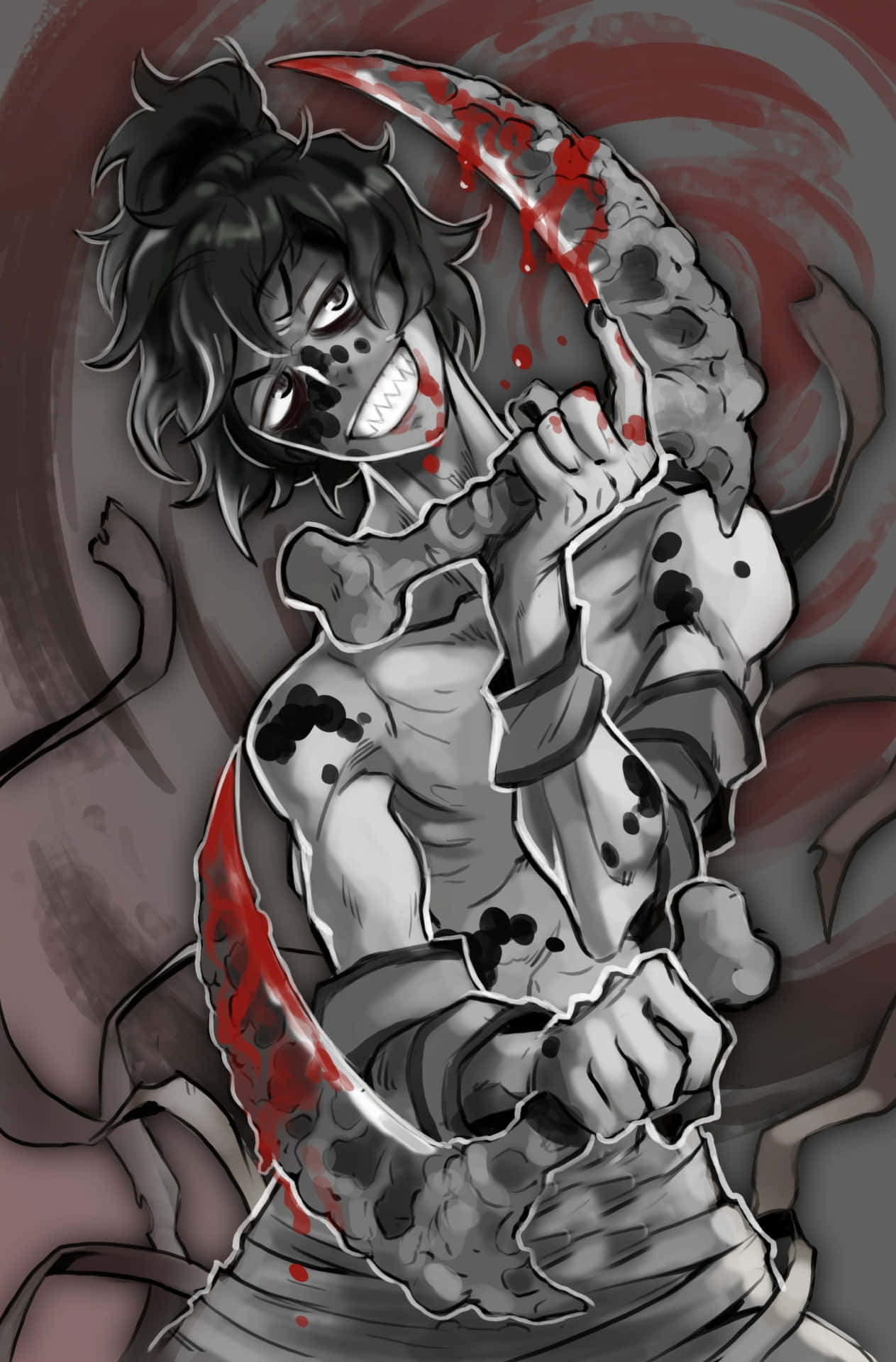 isang drawing ng isang batang babae na may hawak na kutsilyo Wallpaper
