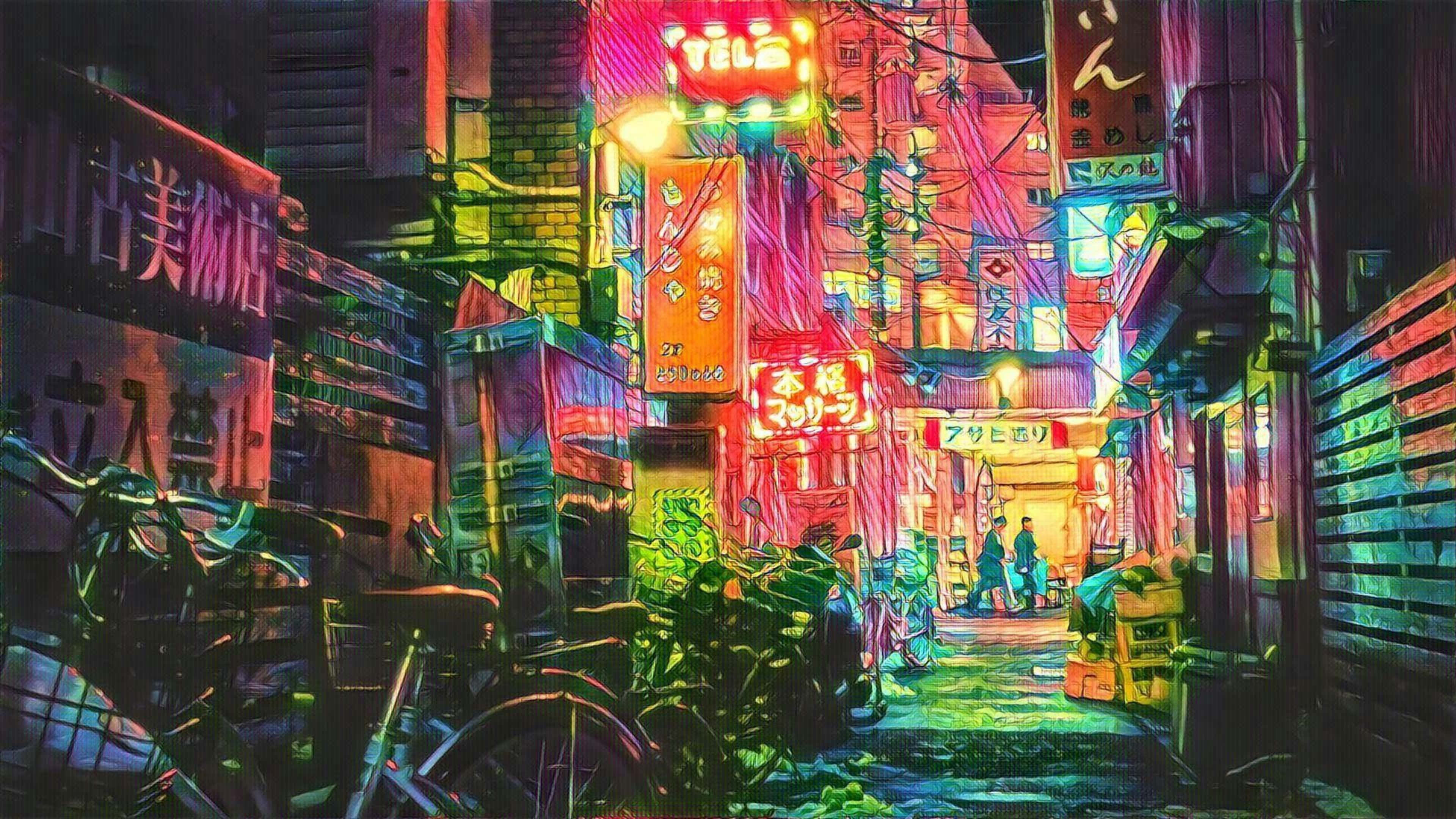 isang eskinita na may neon lights, bisikleta, at karatula Wallpaper