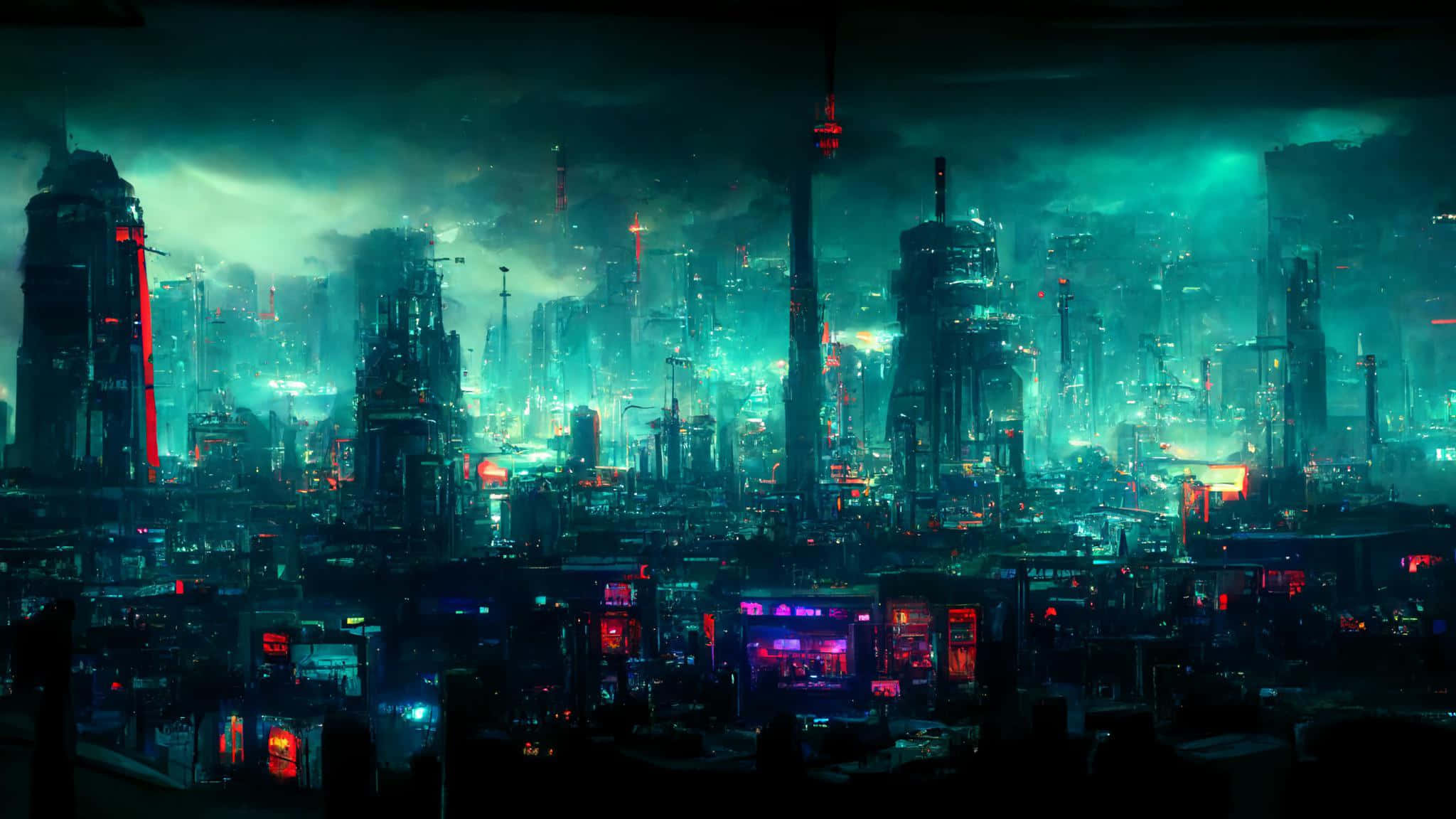 isang futuristic na lungsod na puno ng mga ilaw at gusali Wallpaper