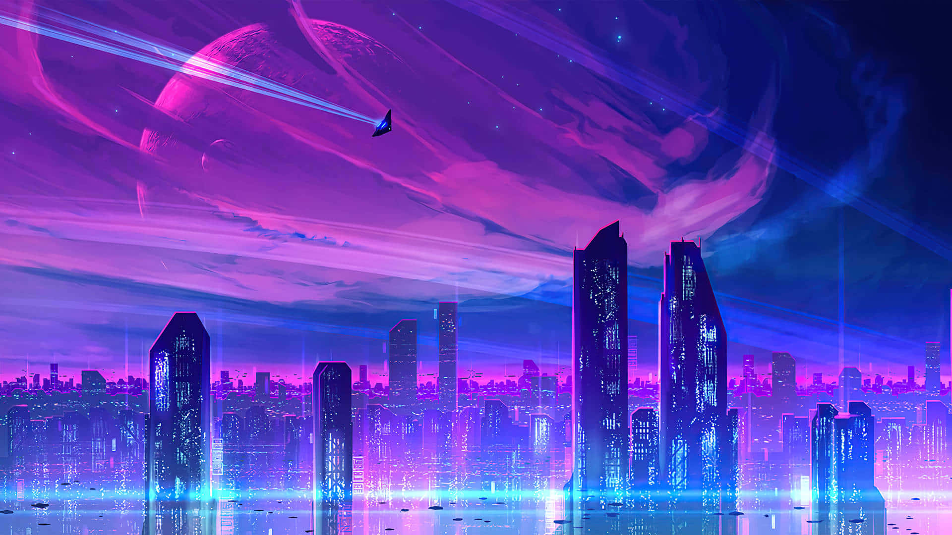 isang futuristic na lungsod na may lilang ilaw at mga gusali Wallpaper