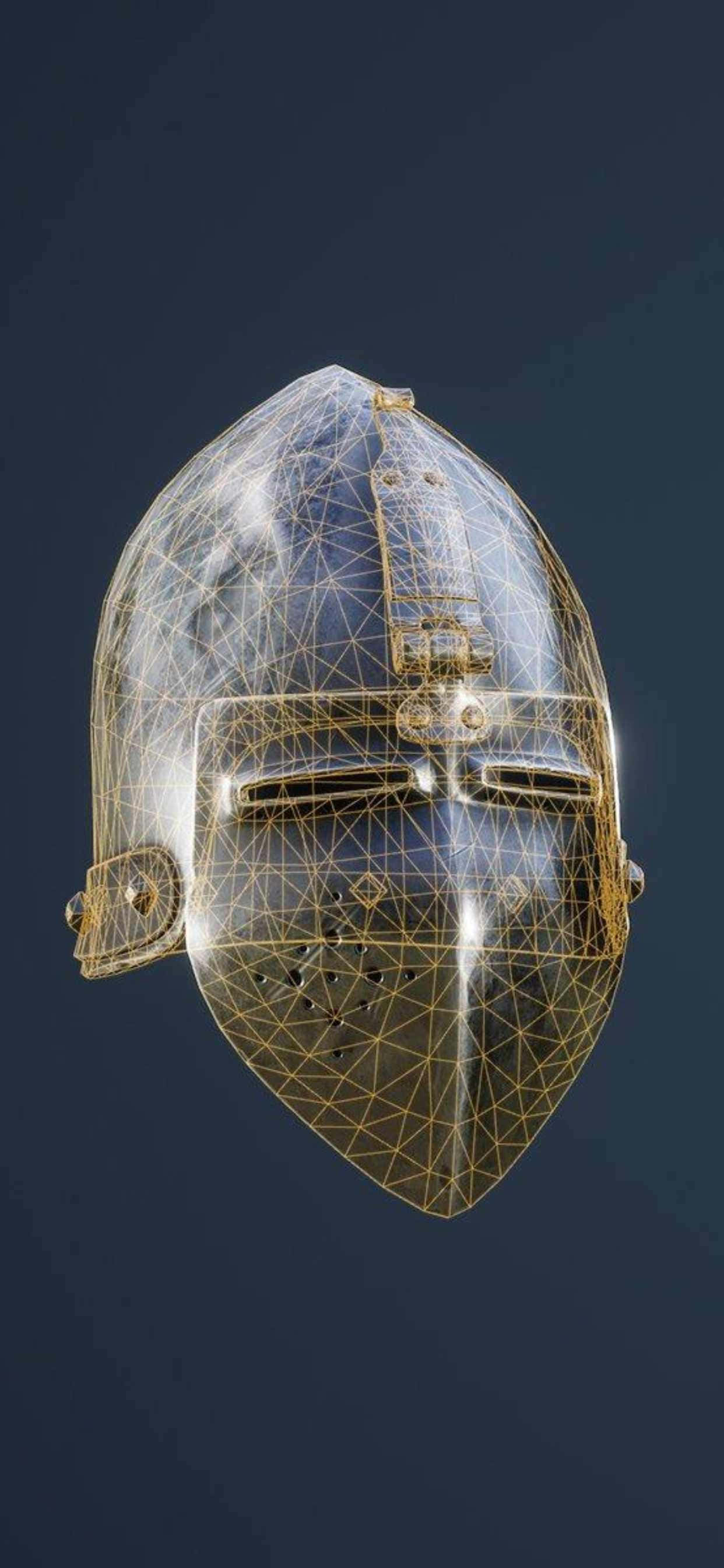 isang gintong helmet na may wire mesh dito Wallpaper