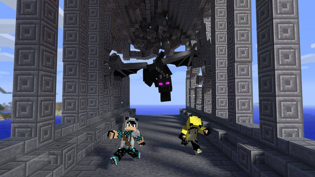 Isang grupo ng mga hostile mobs ang humahabol sa manlalaro mula sa isang Minecraft village Wallpaper