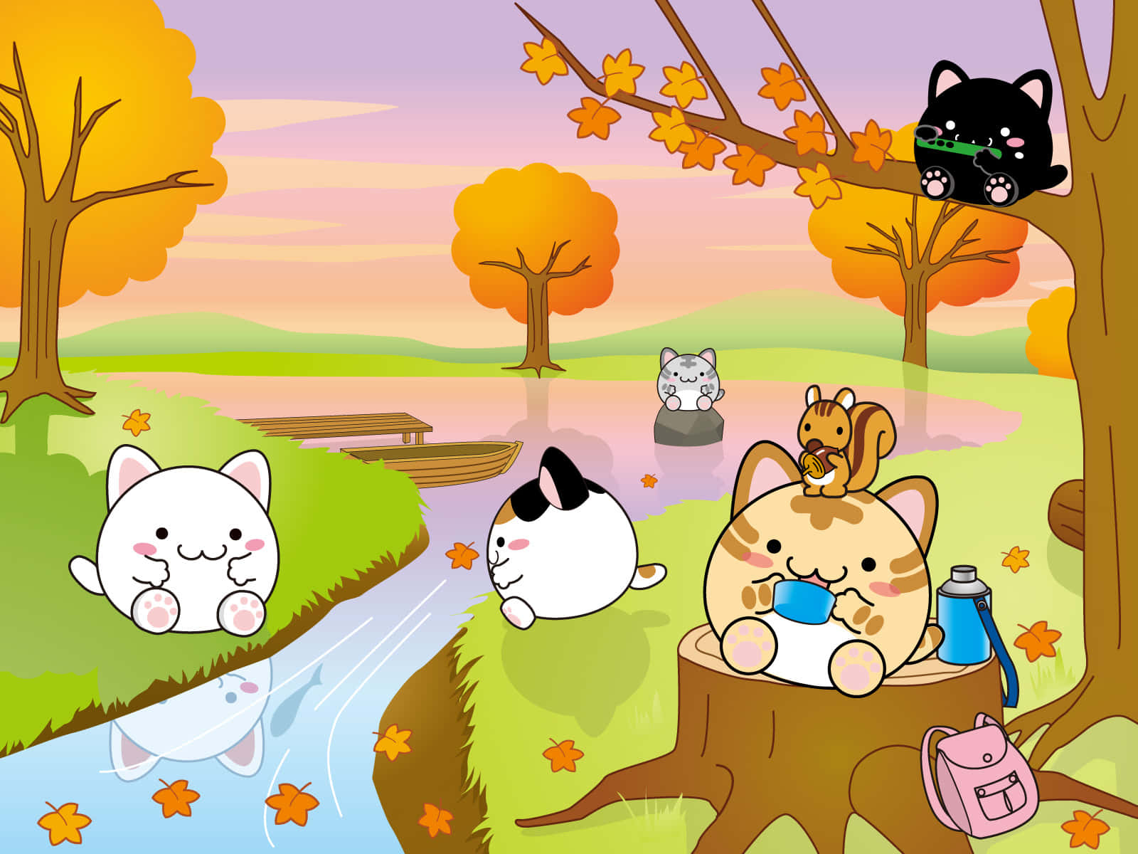 isang grupo ng mga pusa na nakaupo sa isang puno Wallpaper