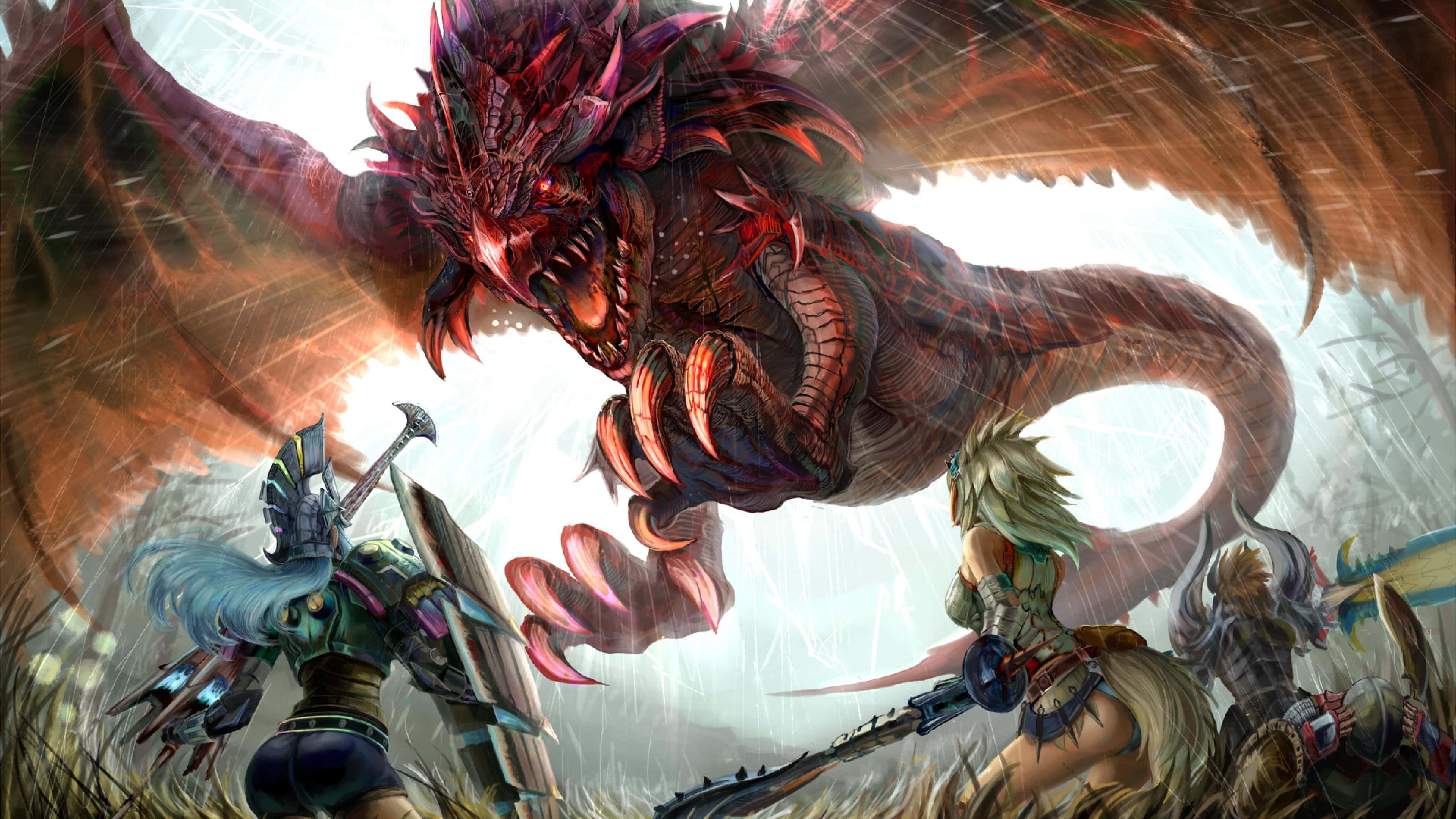 Isang grupo ng mga tao ang nakikipaglaban sa isang dragon Wallpaper