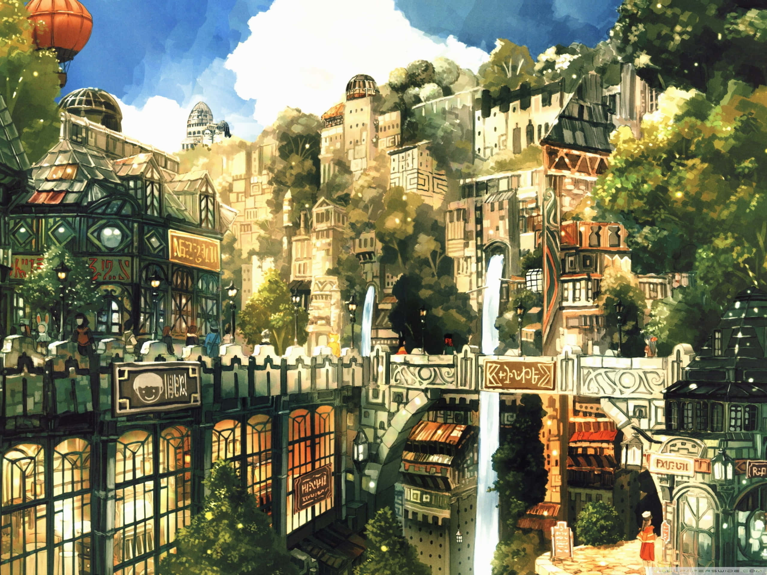 Isang idyllic na tanawin ng Anime City Wallpaper
