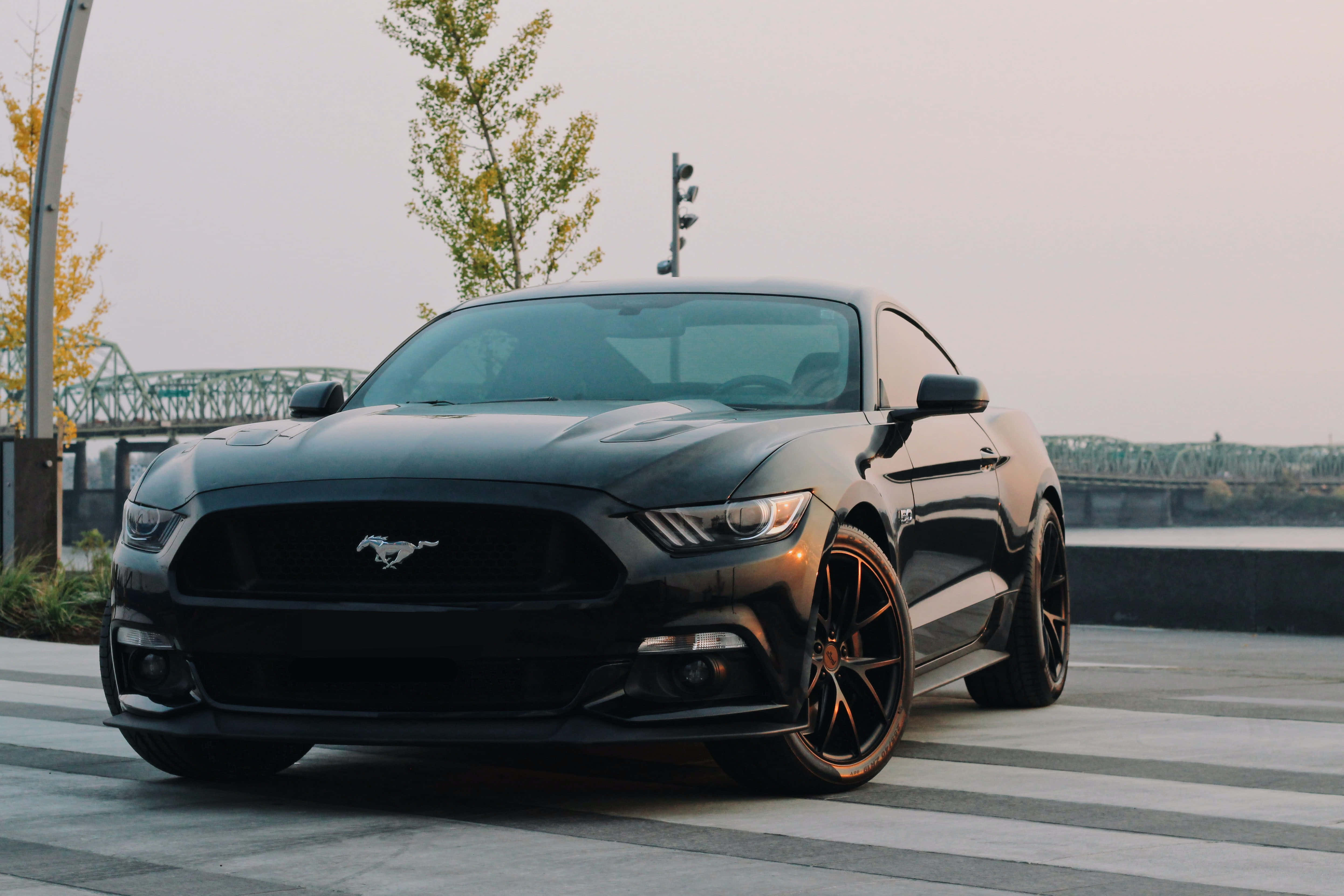 isang itim na Ford Mustang na naka-park sa kalye Wallpaper