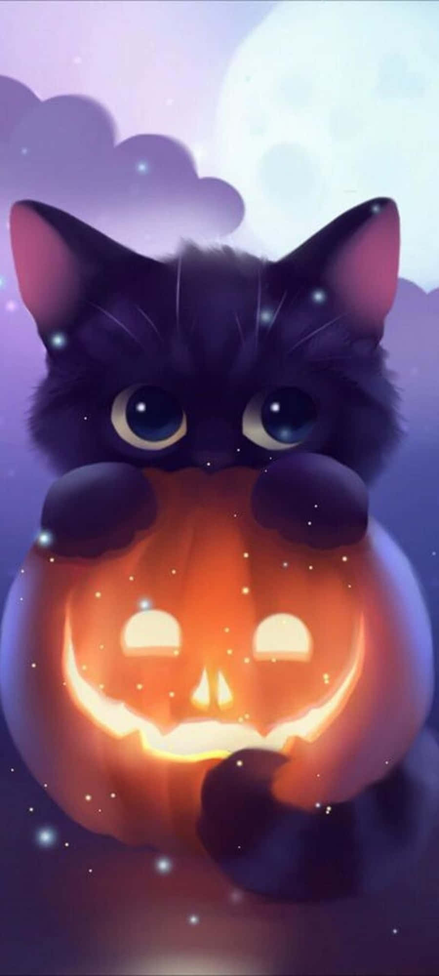 isang itim na pusa ay may hawak na pumpkin sa kanyang bibig Wallpaper