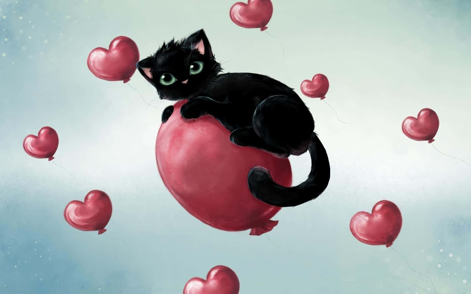 isang itim na pusa na nakaupo sa pulang lobo na may mga puso Wallpaper