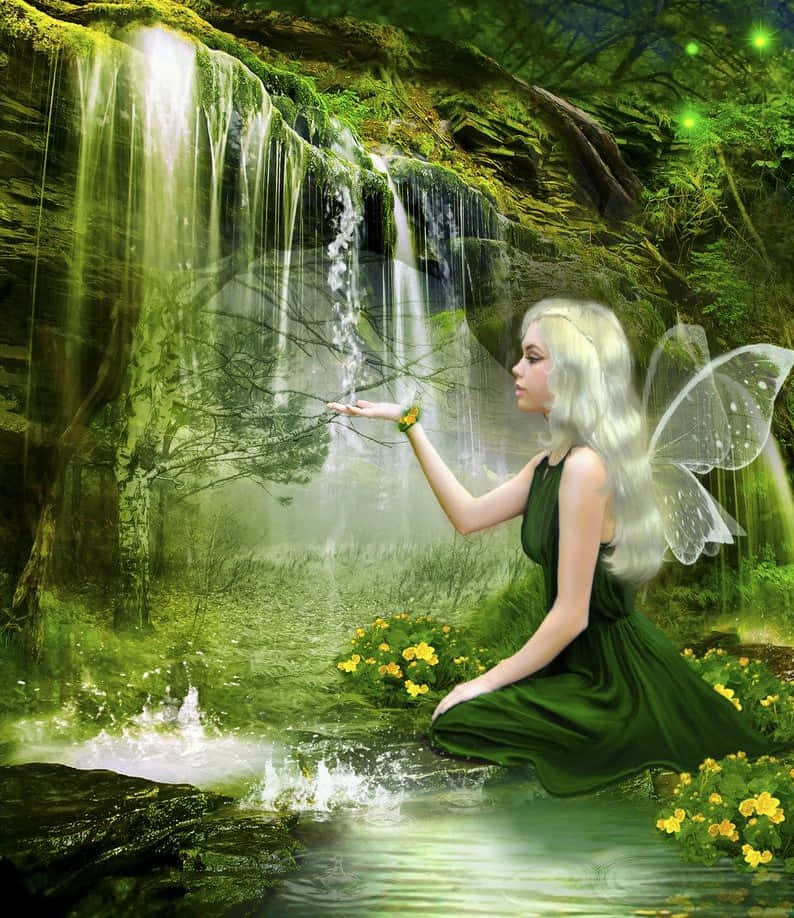 Isang kaakit-akit na diwata na nakaupo sa sanga ng puno sa isang luntiang hardin Wallpaper