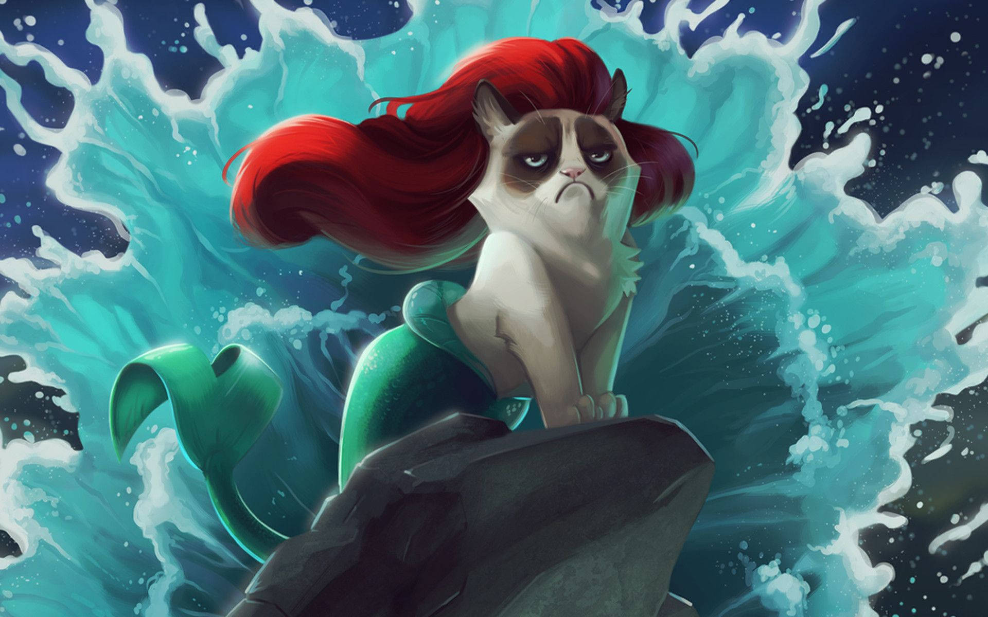 Isang Kaakit-akit na Pusa-Sirena na Lumalangoy sa Asul na Tubig Wallpaper