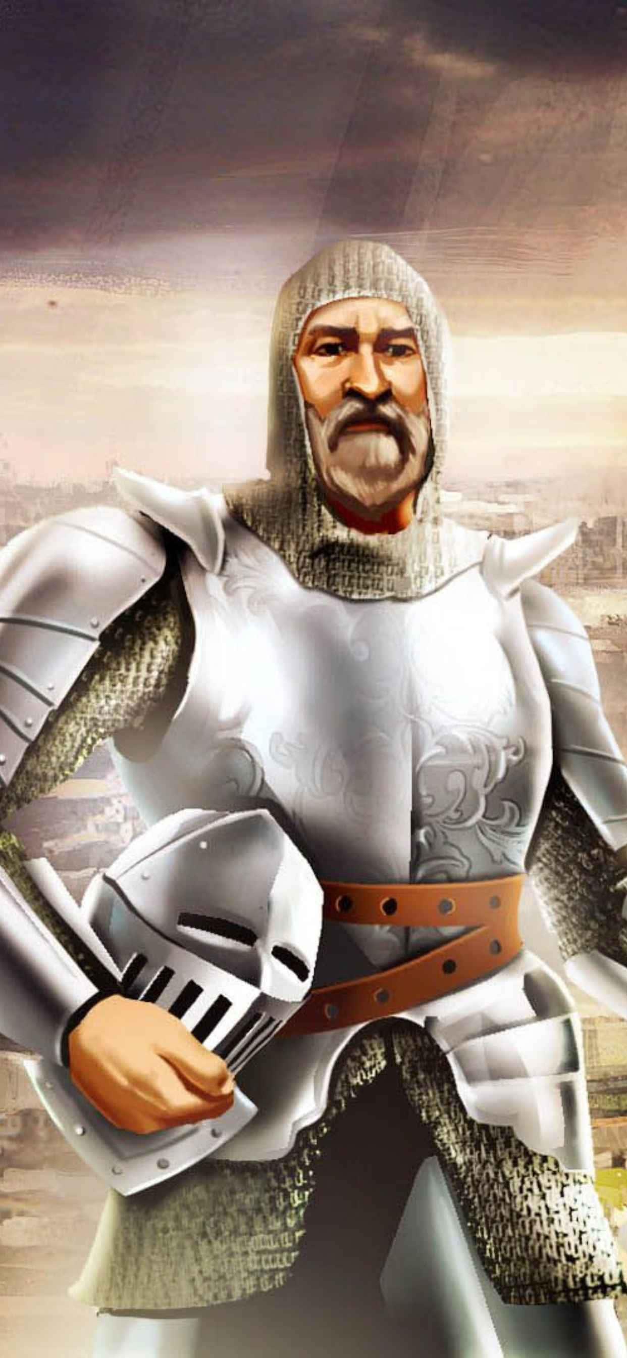 isang knight na naka-armor ay nakatayo sa harap ng isang siyudad Wallpaper