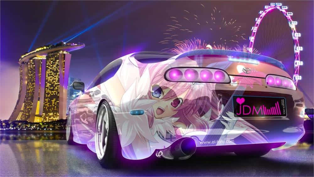 Isang kotse na may kulay rosas at lila na pintura Wallpaper