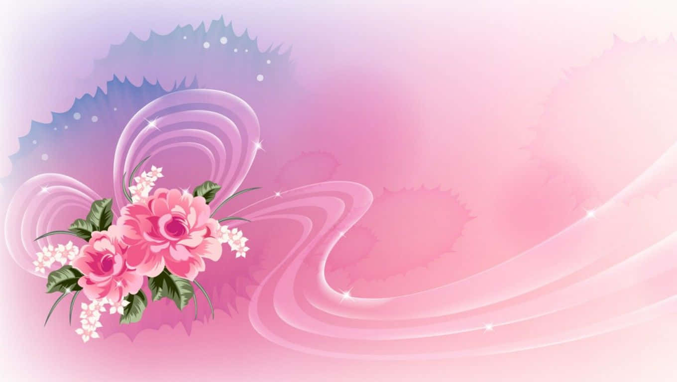 isang kulay rosas na background na may mga bulaklak at alon Wallpaper