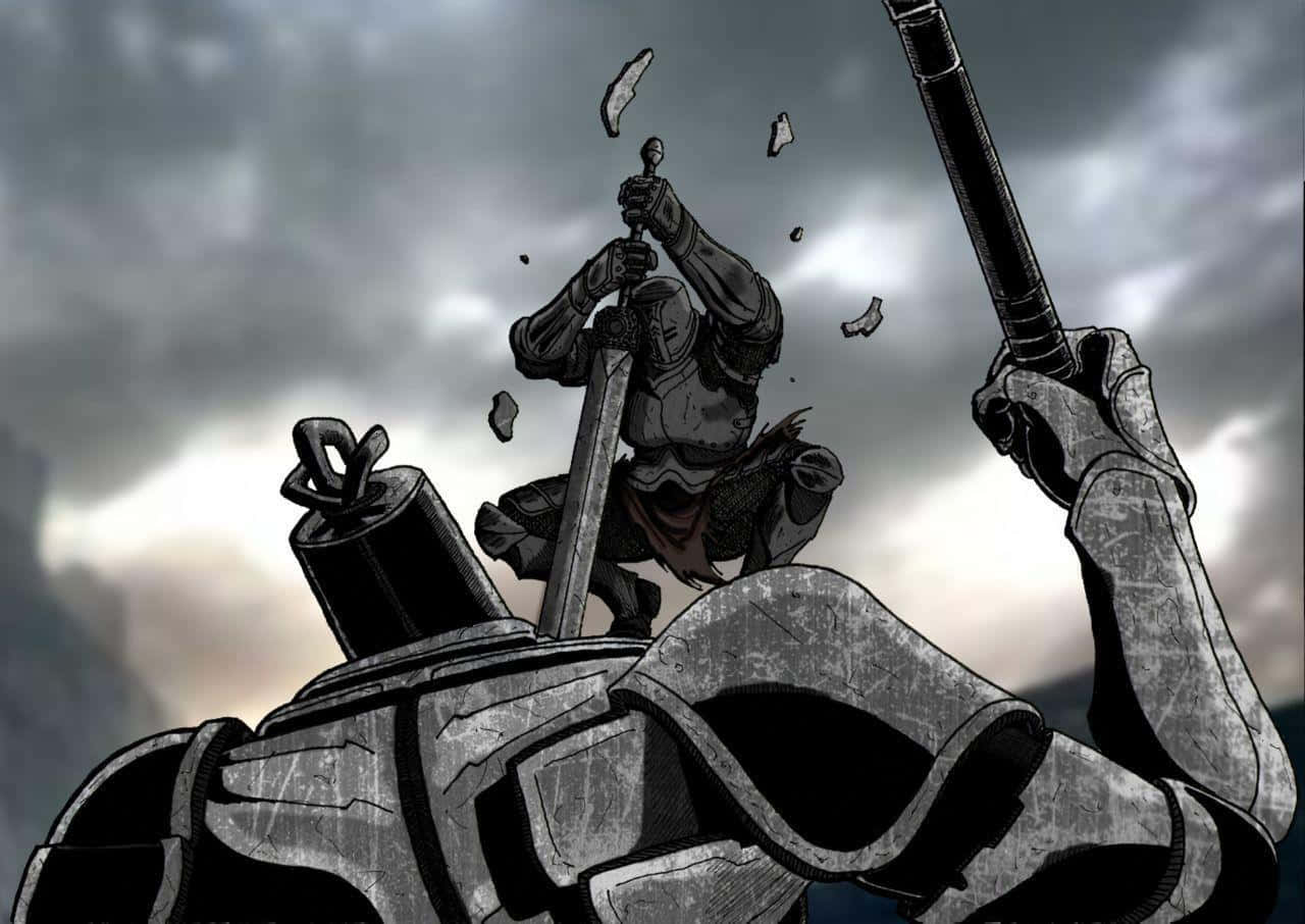 Isang lalaki ang may hawak na espada, at isa pang lalaki ang may hawak ding espada Wallpaper