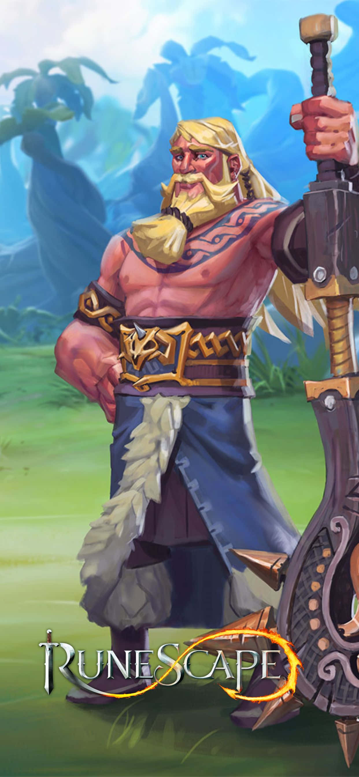 isang lalaki na humahawak ng espada sa harap ng isang puno Wallpaper