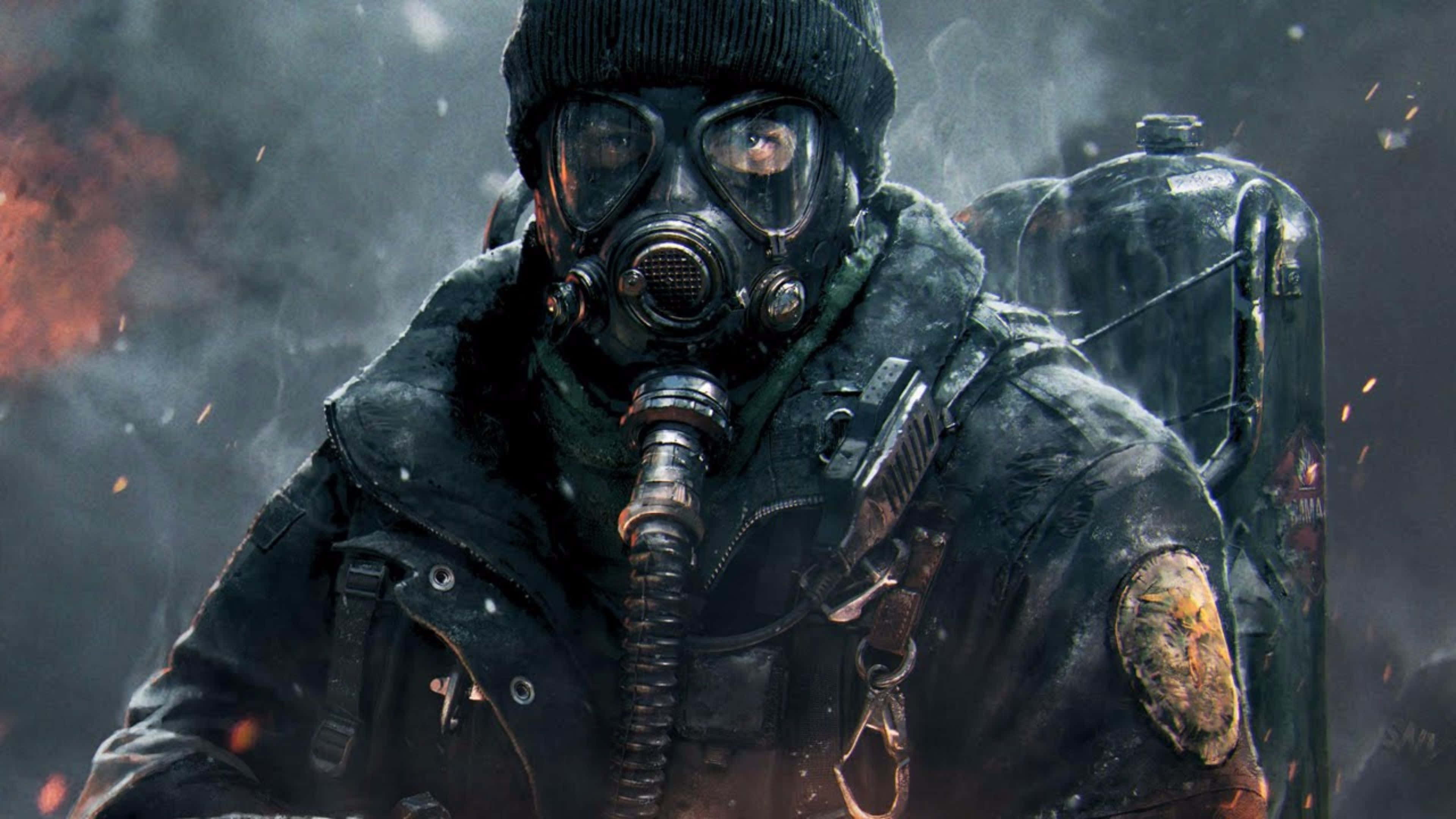 isang lalaki na may gas mask ay may hawak na baril Wallpaper
