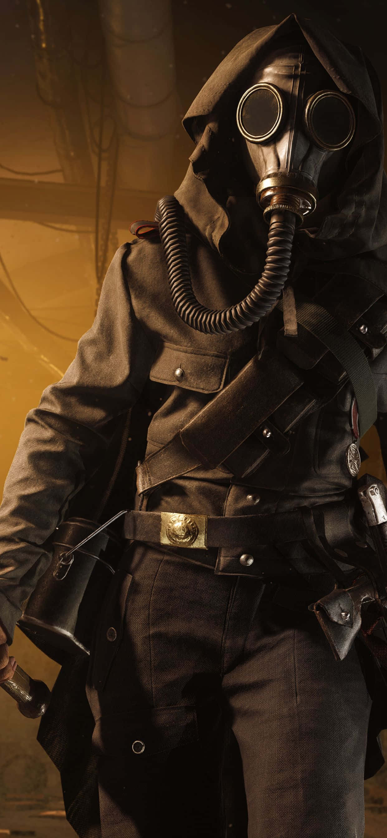 isang lalaki na may gas mask na may hawak na baril Wallpaper