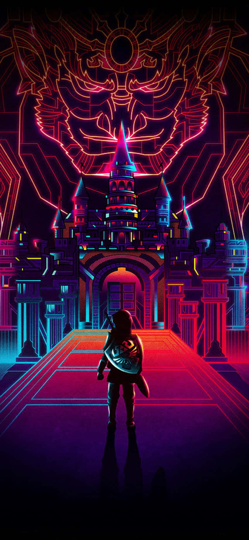 isang lalaki na nakatayo sa harap ng isang neon na kastilyo Wallpaper