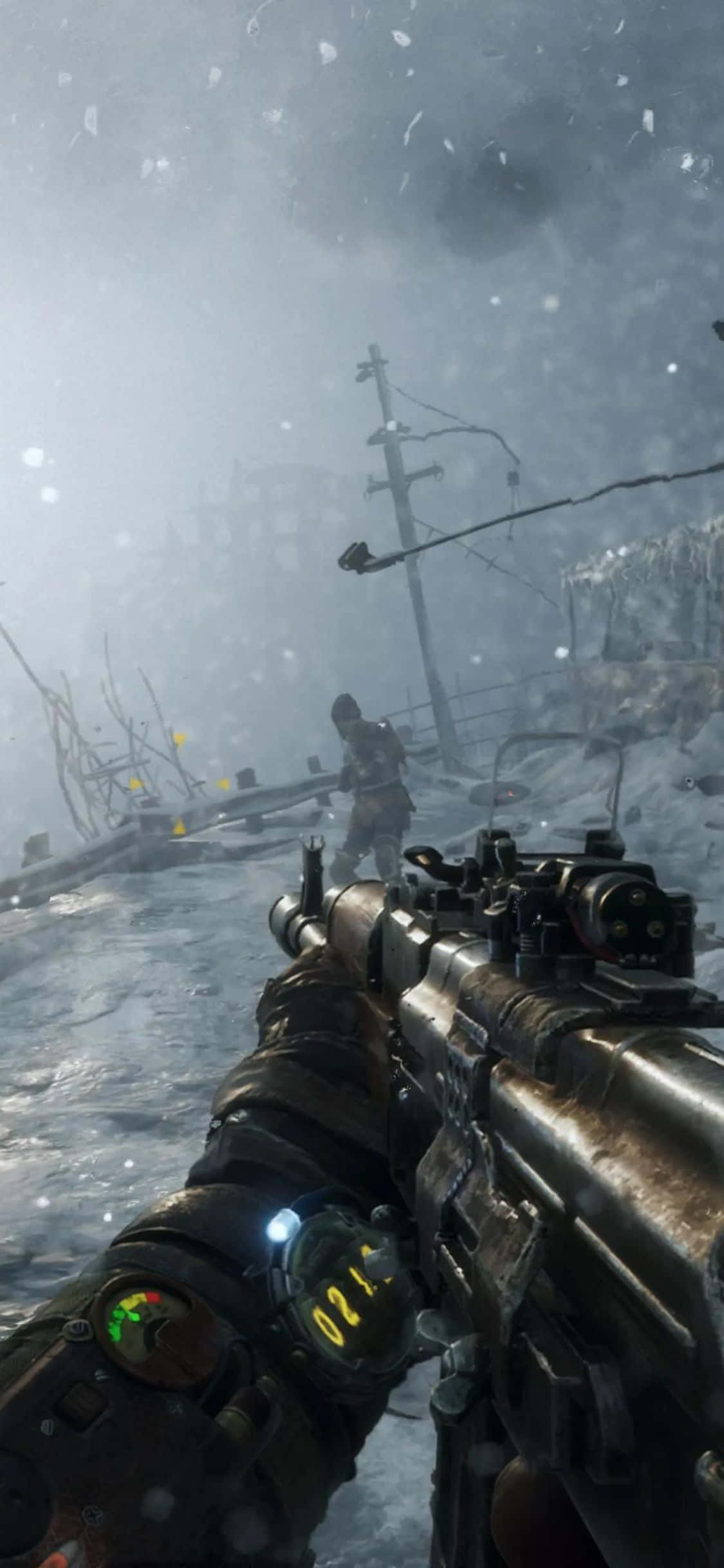 Isang lalaking may gas mask ay gumagala sa post-apocalyptic na tanawin ng Metro Exodus Wallpaper