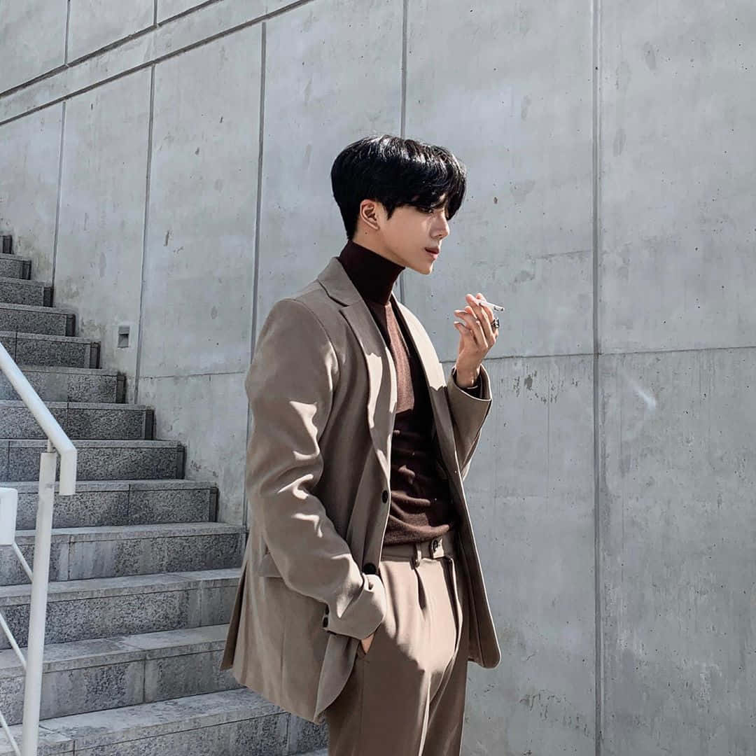 Isang lalaking naka-brown suit na nakatayo sa hagdan Wallpaper