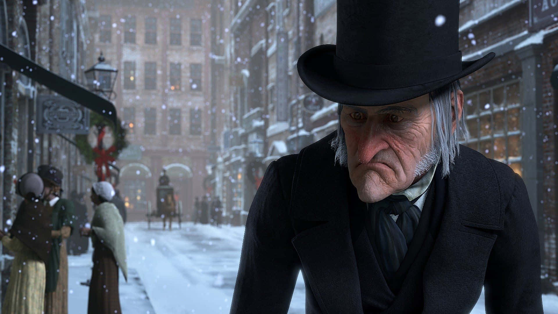 isang lalaking naka-top hat at may top hat na naglalakad sa isang maniyebeng kalye Wallpaper