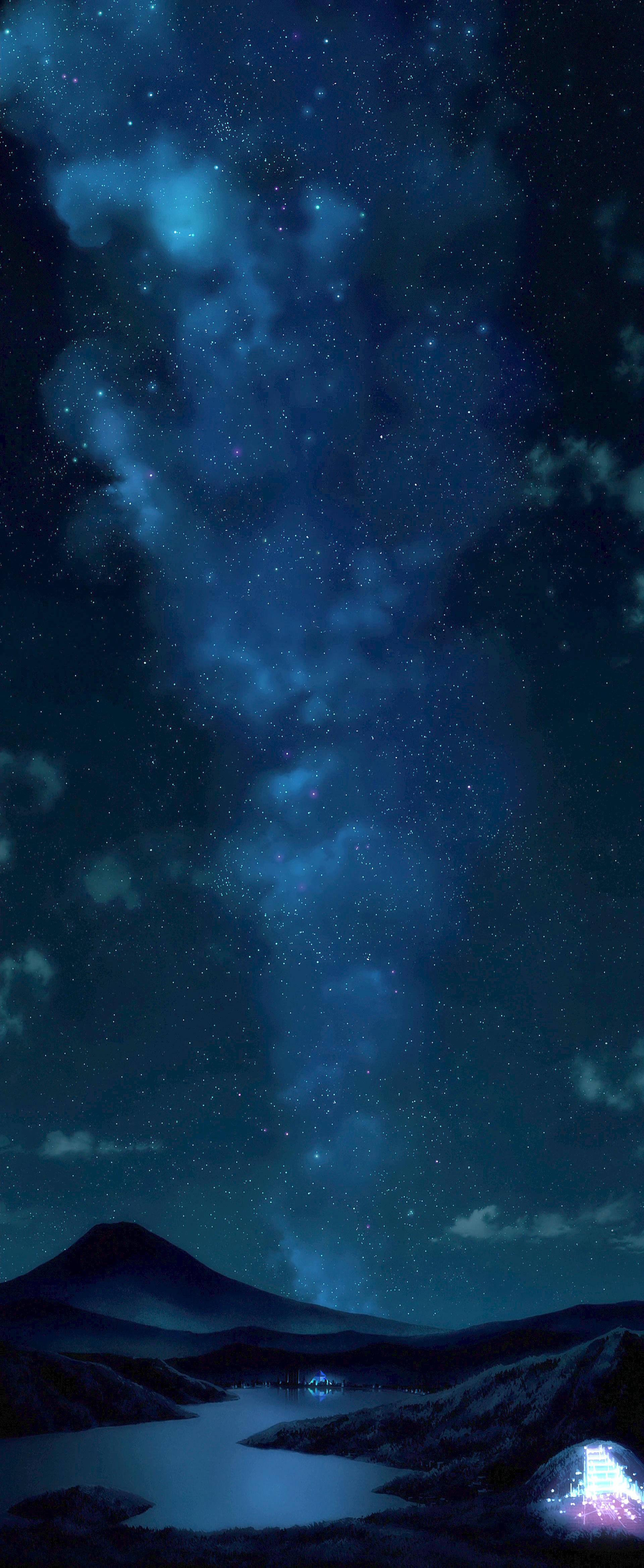 isang langit sa gabi na may mga bituin at isang lawa Wallpaper