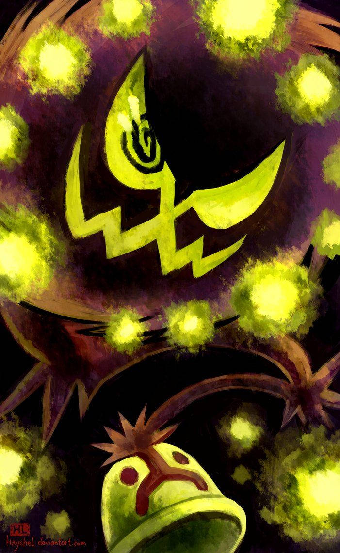 Isang likhang sining mula sa Deviantart: Kuminang na berdeng Spiritomb mula sa Pokémon sa mga Anino. Wallpaper