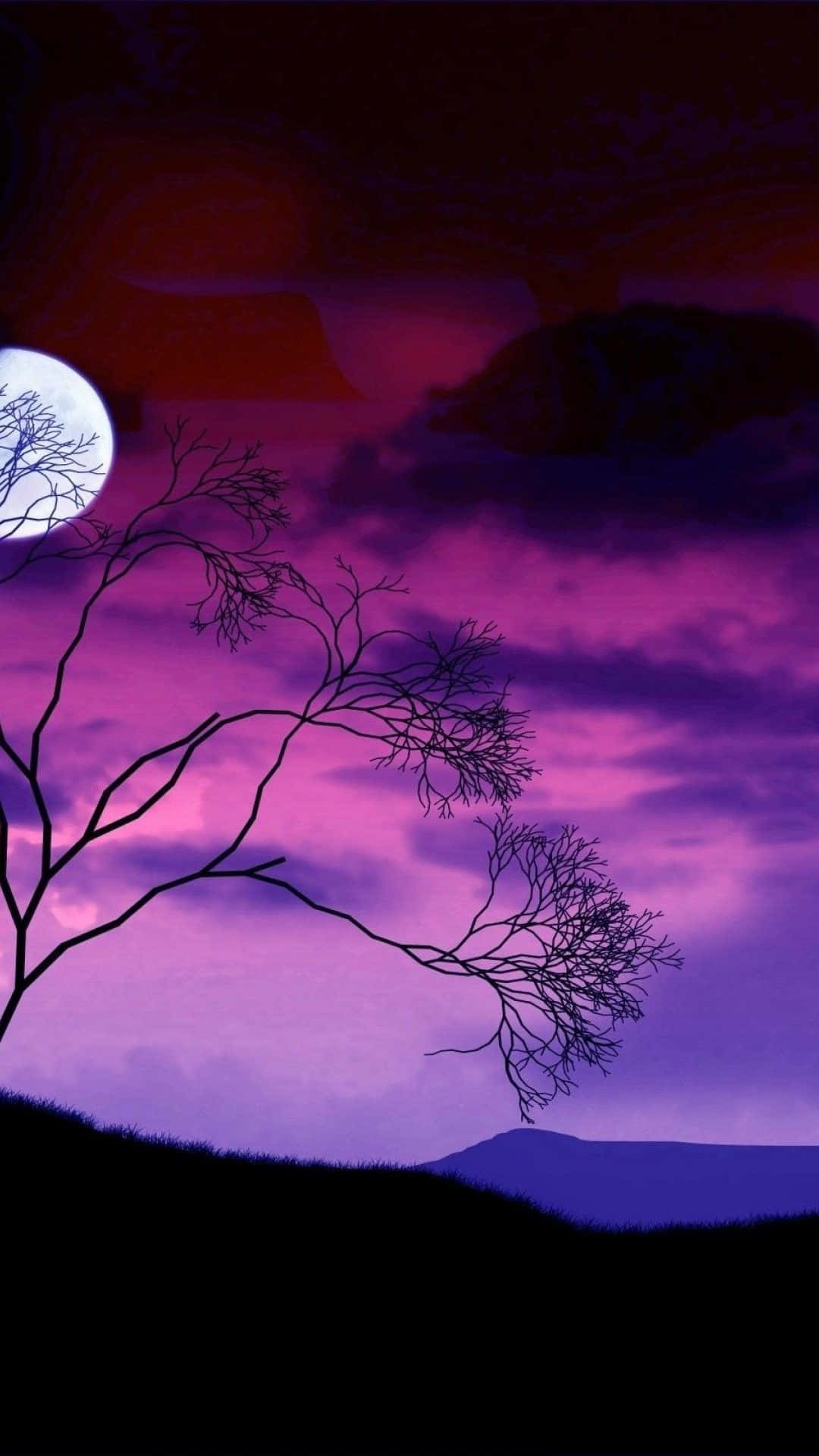isang lilang langit na may puno at buwan Wallpaper