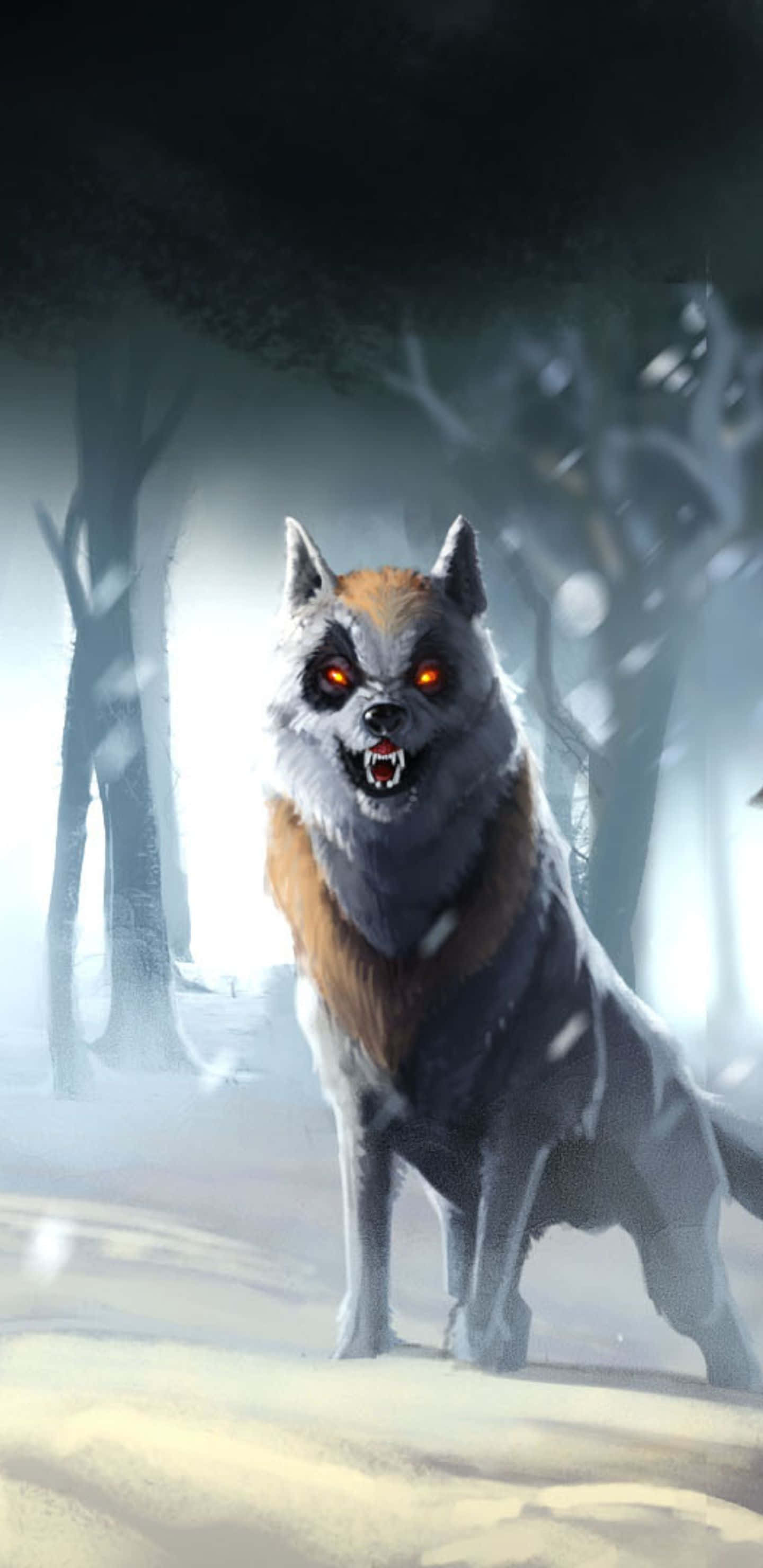 isang lobo sa niyebe na may pulang mga mata Wallpaper