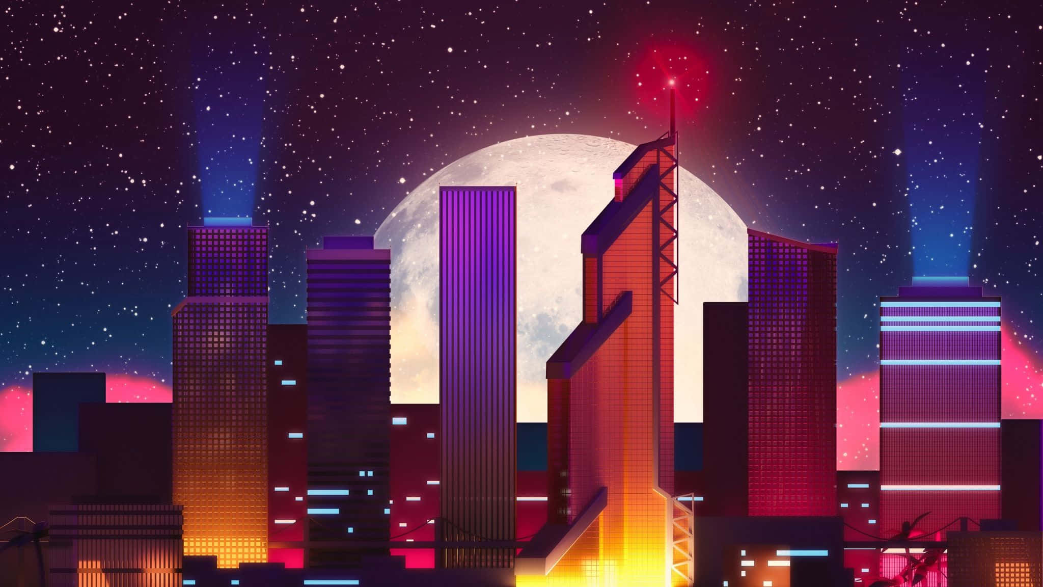 isang lungsod na may kabilugan at matingkad na mga ilaw Wallpaper