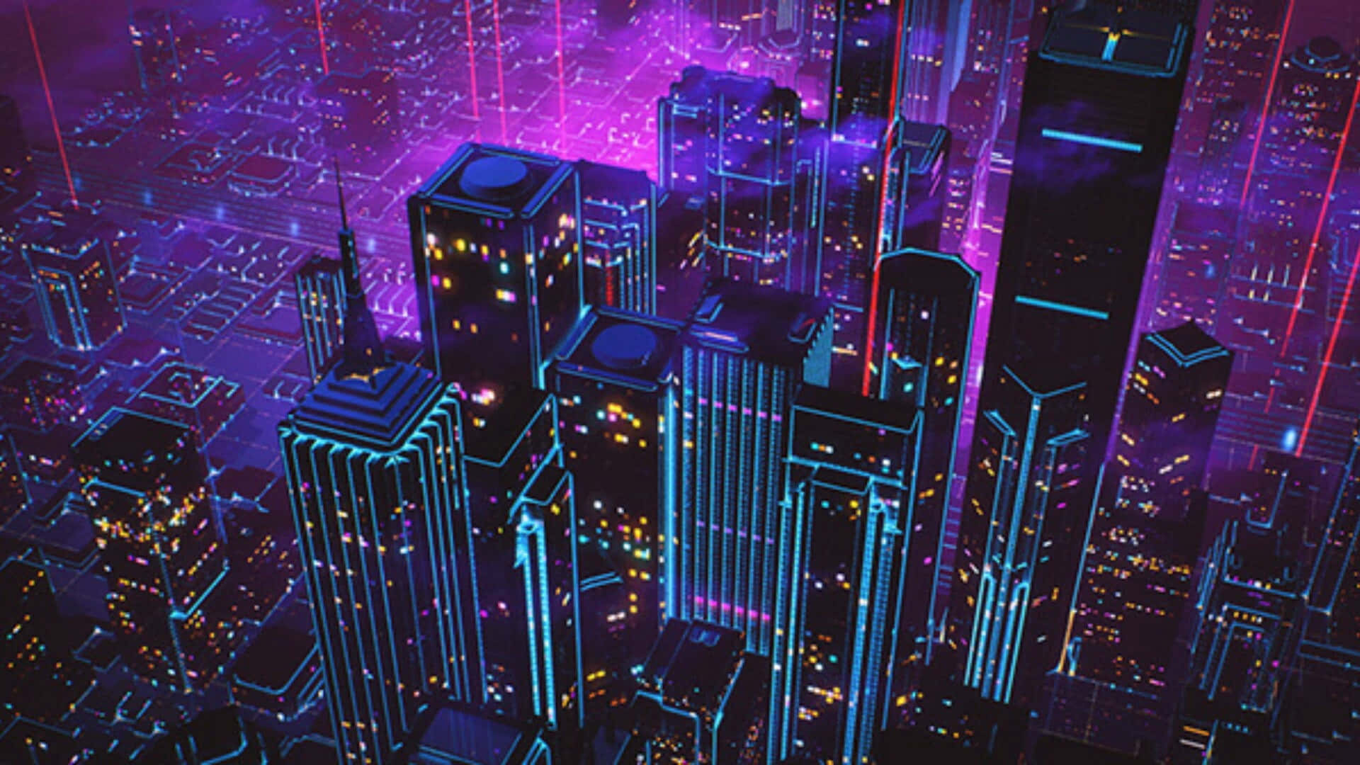 isang lungsod na may mga neon lights at gusali Wallpaper