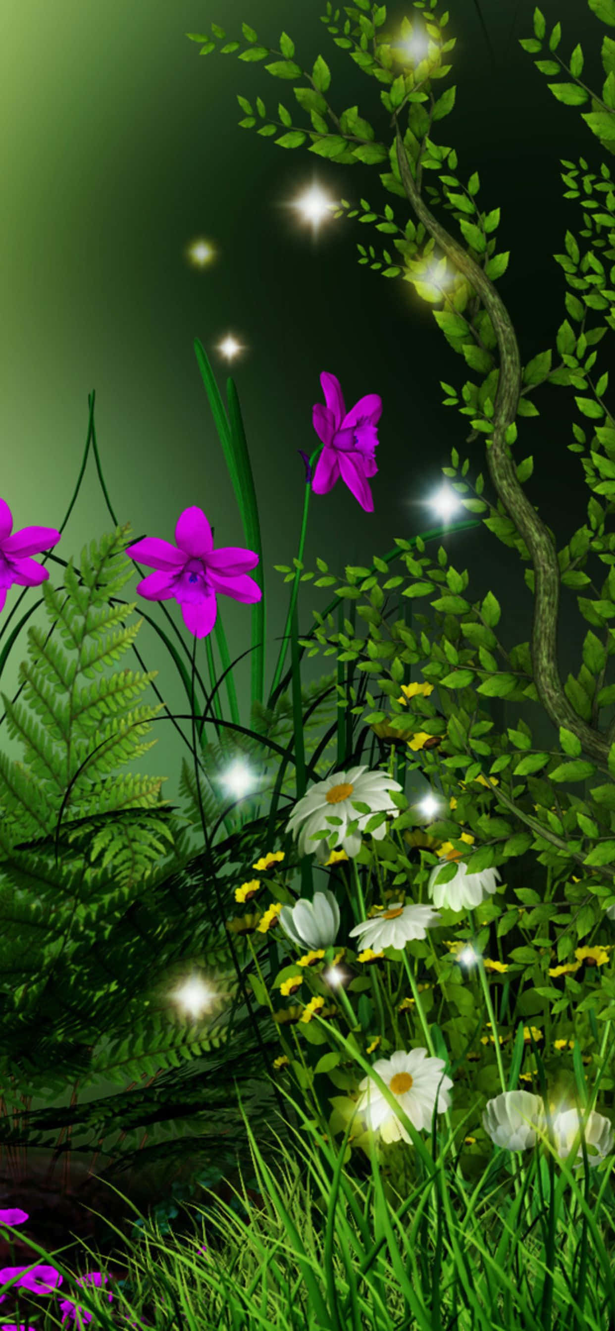 isang luntiang gubat na may mga bulaklak at paruparo Wallpaper