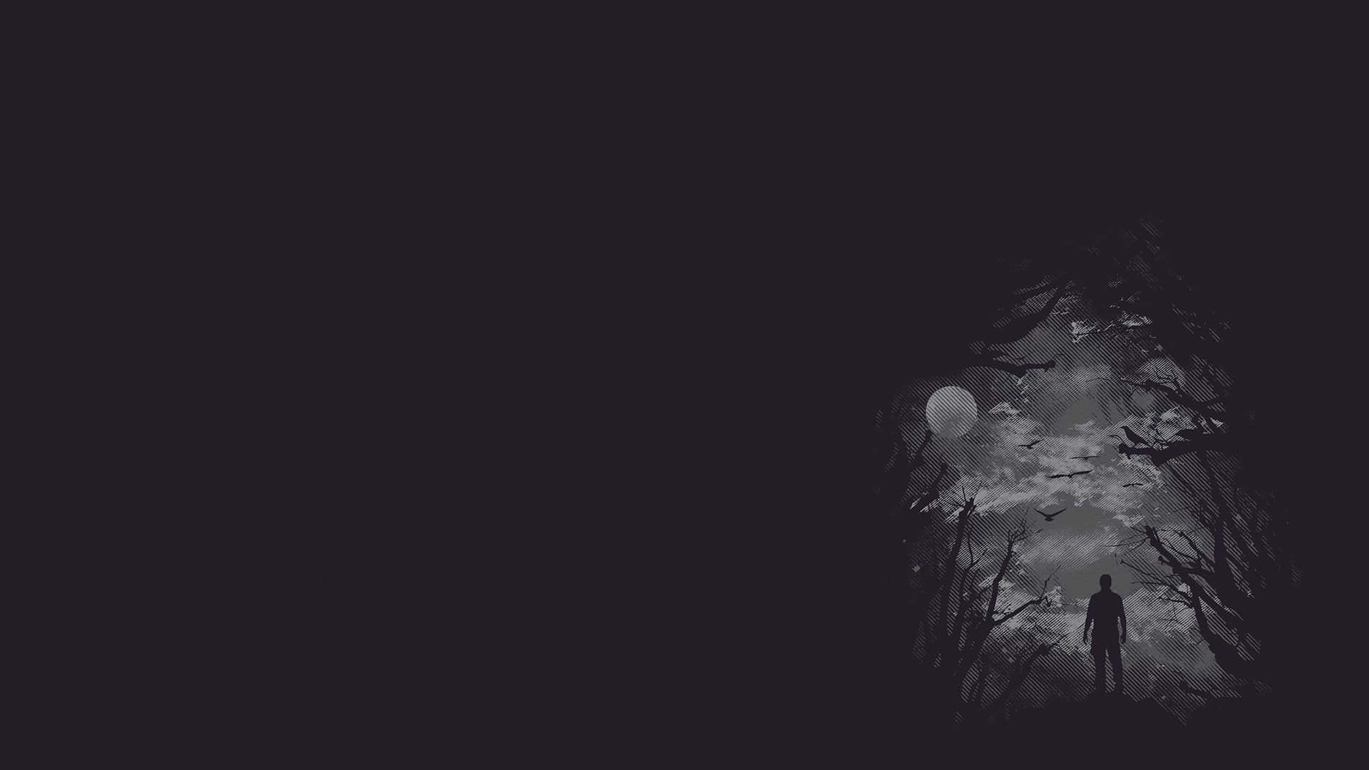 isang madilim na kagubatan na may isang taong naglalakad dito Wallpaper