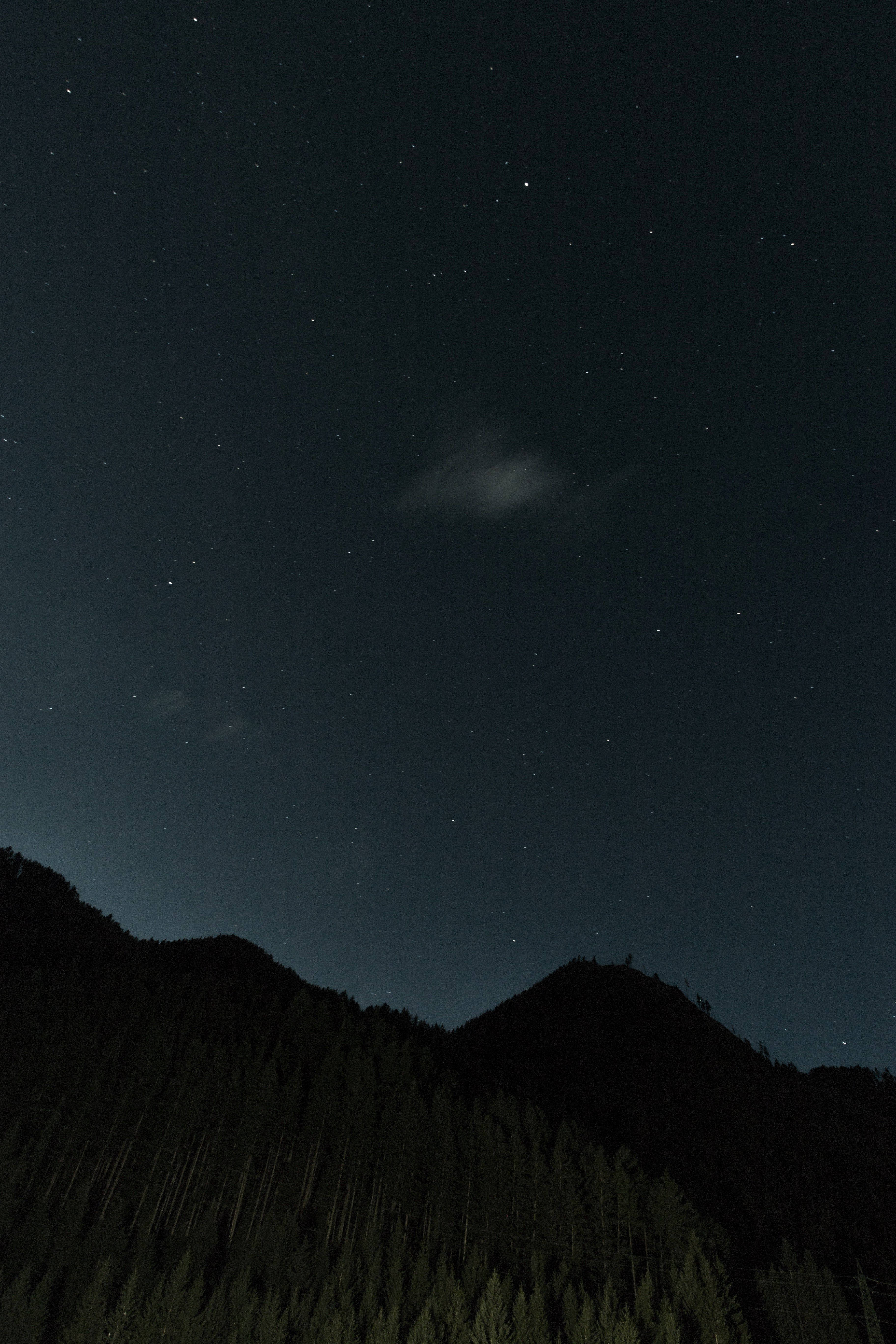 Isang madilim na langit na puno ng bituin sa itaas ng isang nakakagandang silweta ng bundok. Wallpaper