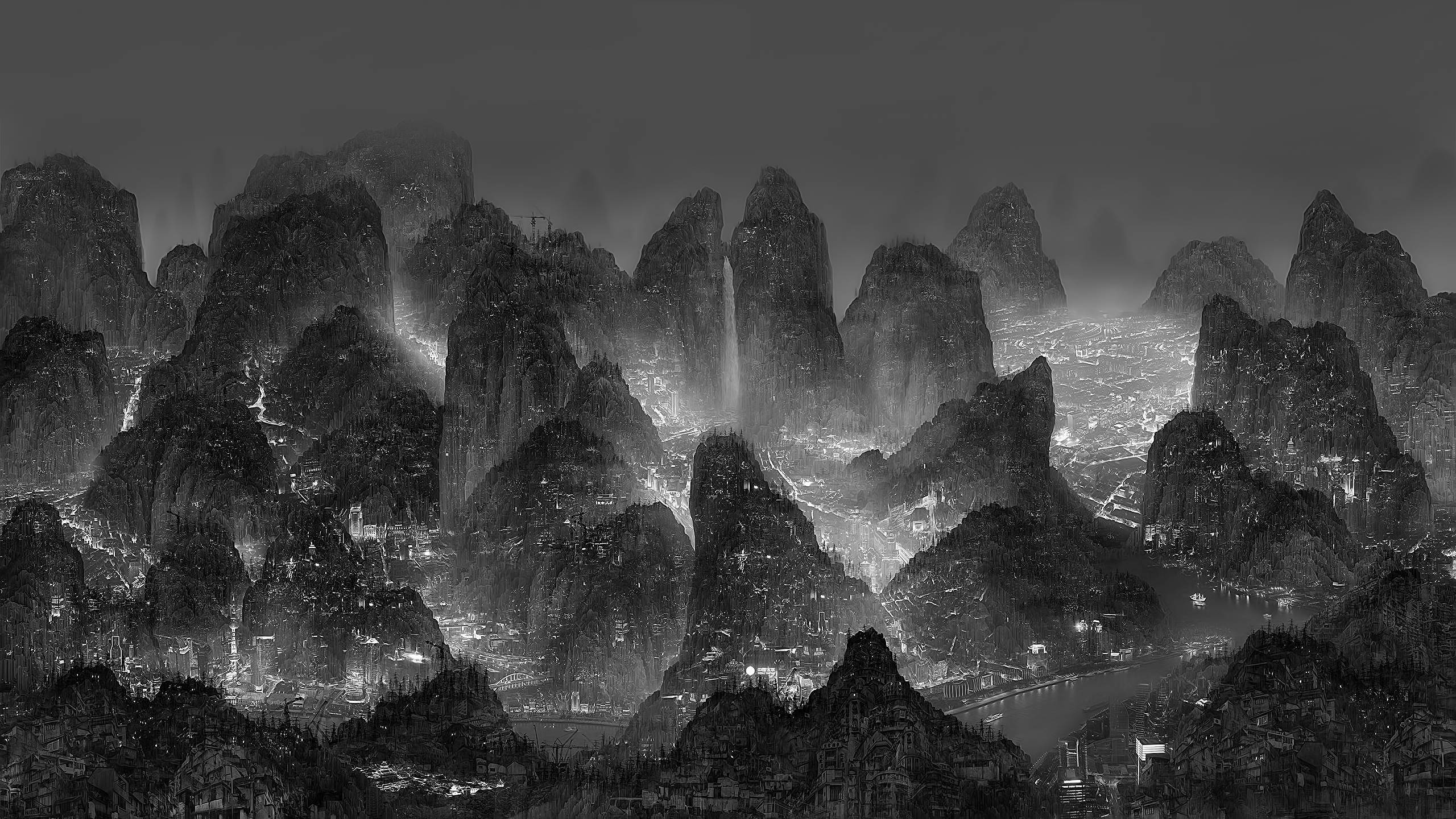 Isang magandang greyscale na hanay ng mga bundok Wallpaper
