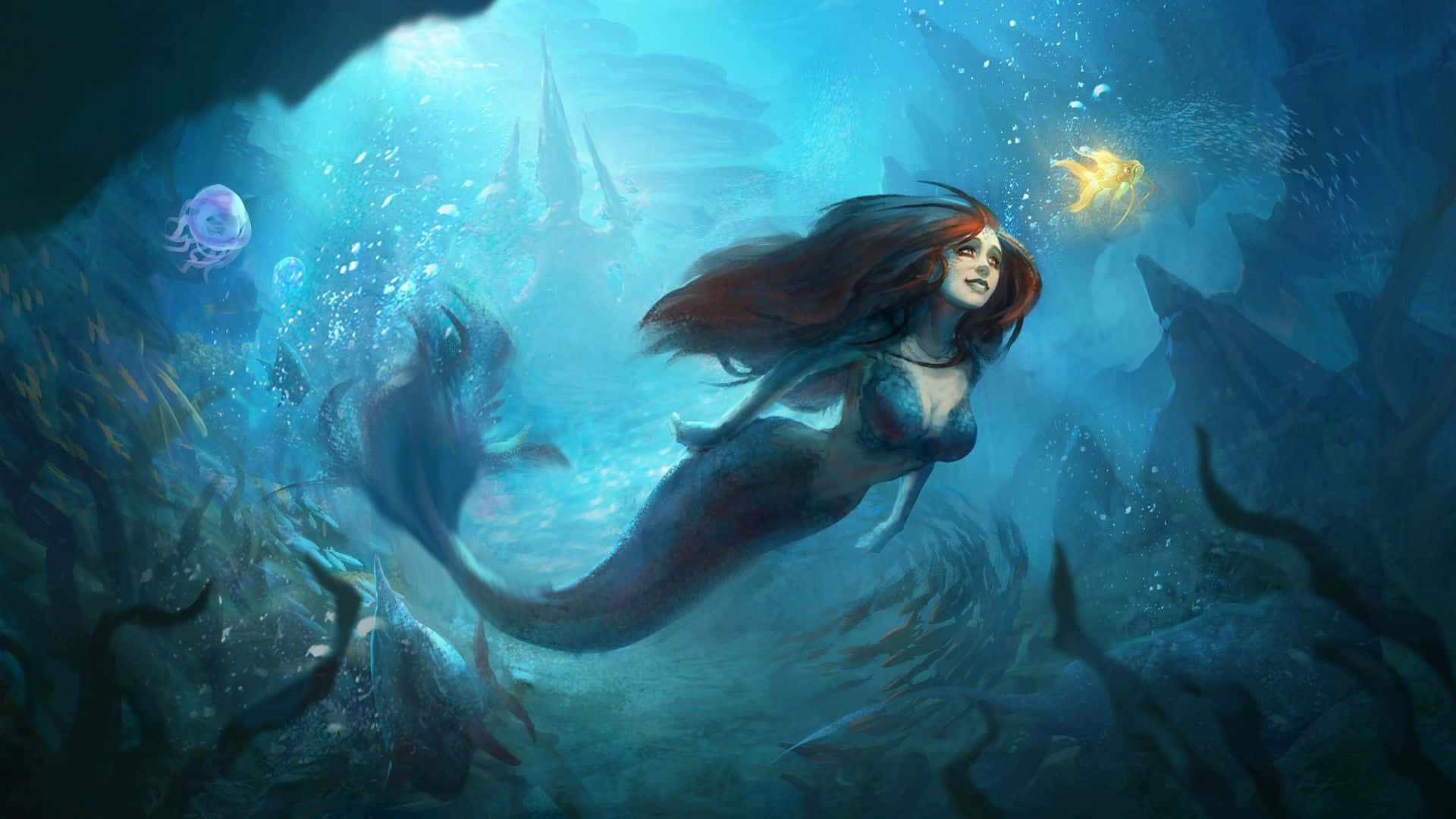 Isang magandang sirena sa isang mahiwagang mundo sa ilalim ng dagat. Wallpaper
