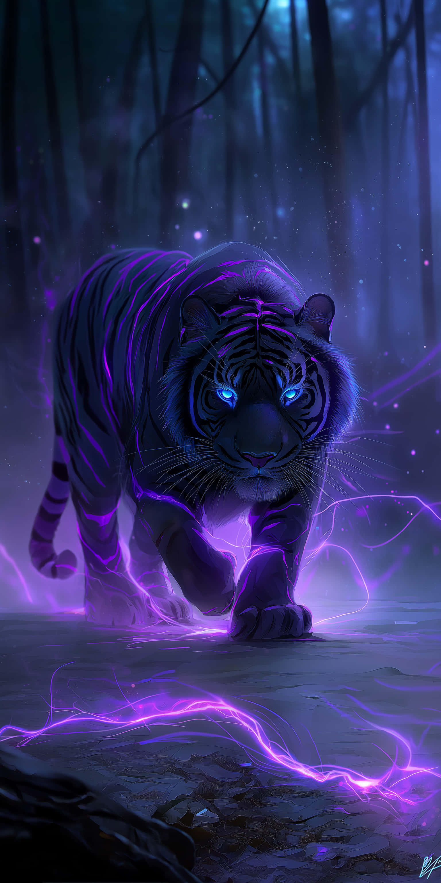 Isang mahiwagang madilim na tigre na may kumikinang na asul na mga mata at lilang electric na guhit na naglalakad sa kagubatan Wallpaper
