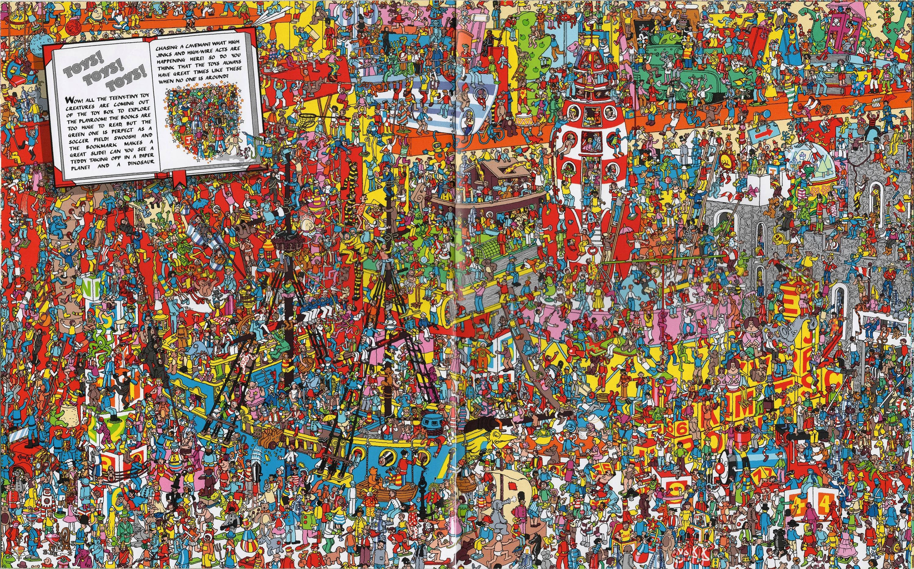 Isang makulay at nakakaintriga na eksena mula sa Where's Waldo na may maliliit na laruang nilalang, na nagdudulot ng isang kapana-panabik na paghahanap. Wallpaper