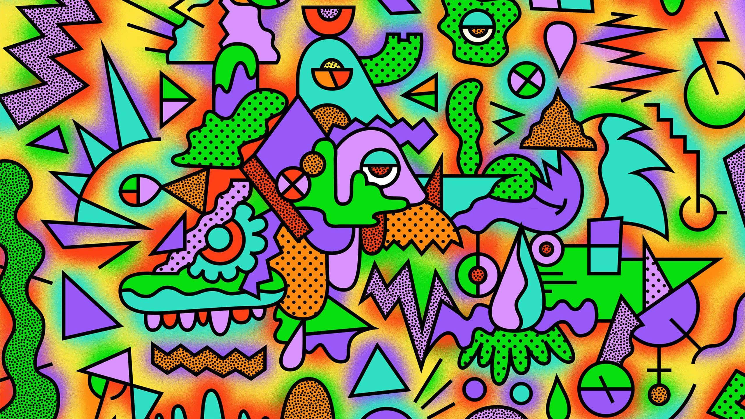 isang makulay na psychedelic na likhang sining na may iba't ibang hugis Wallpaper