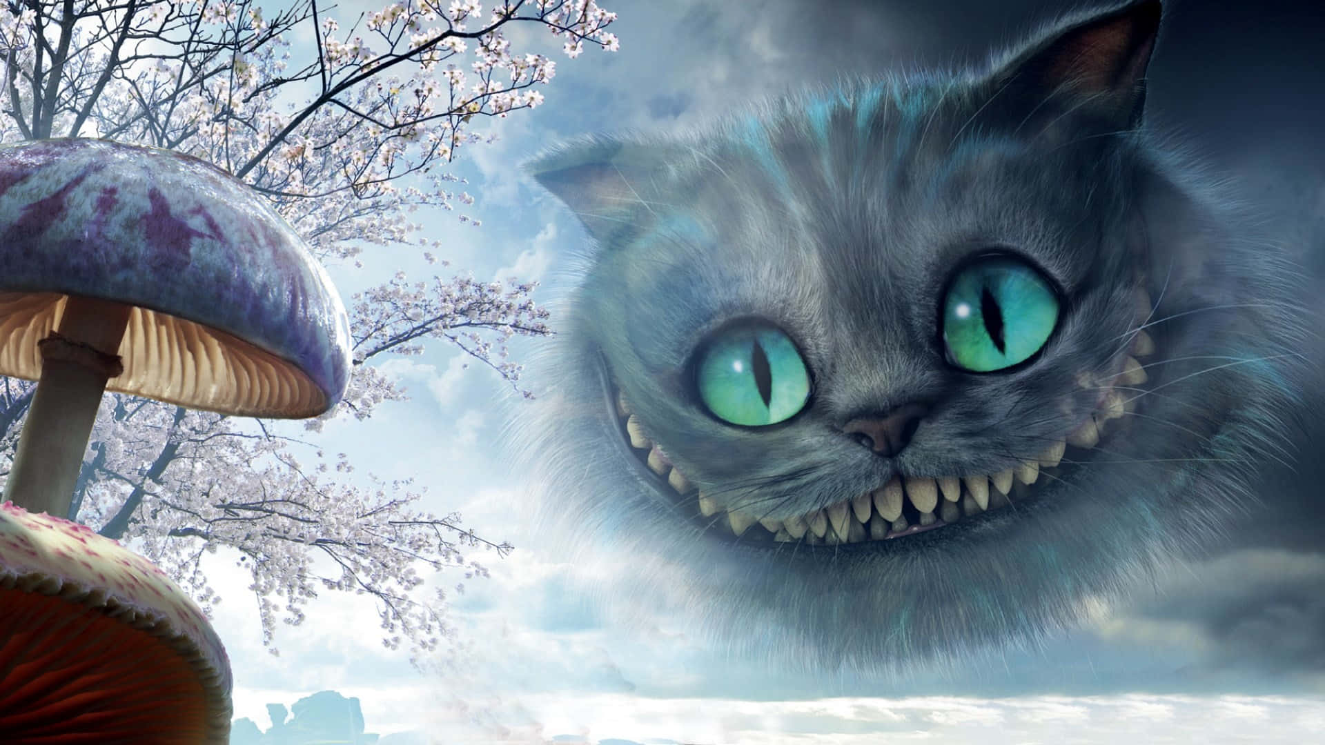 Isang malaking Cheshire Cat na nakangiting palihim sa liwanag ng mga bituin. Wallpaper