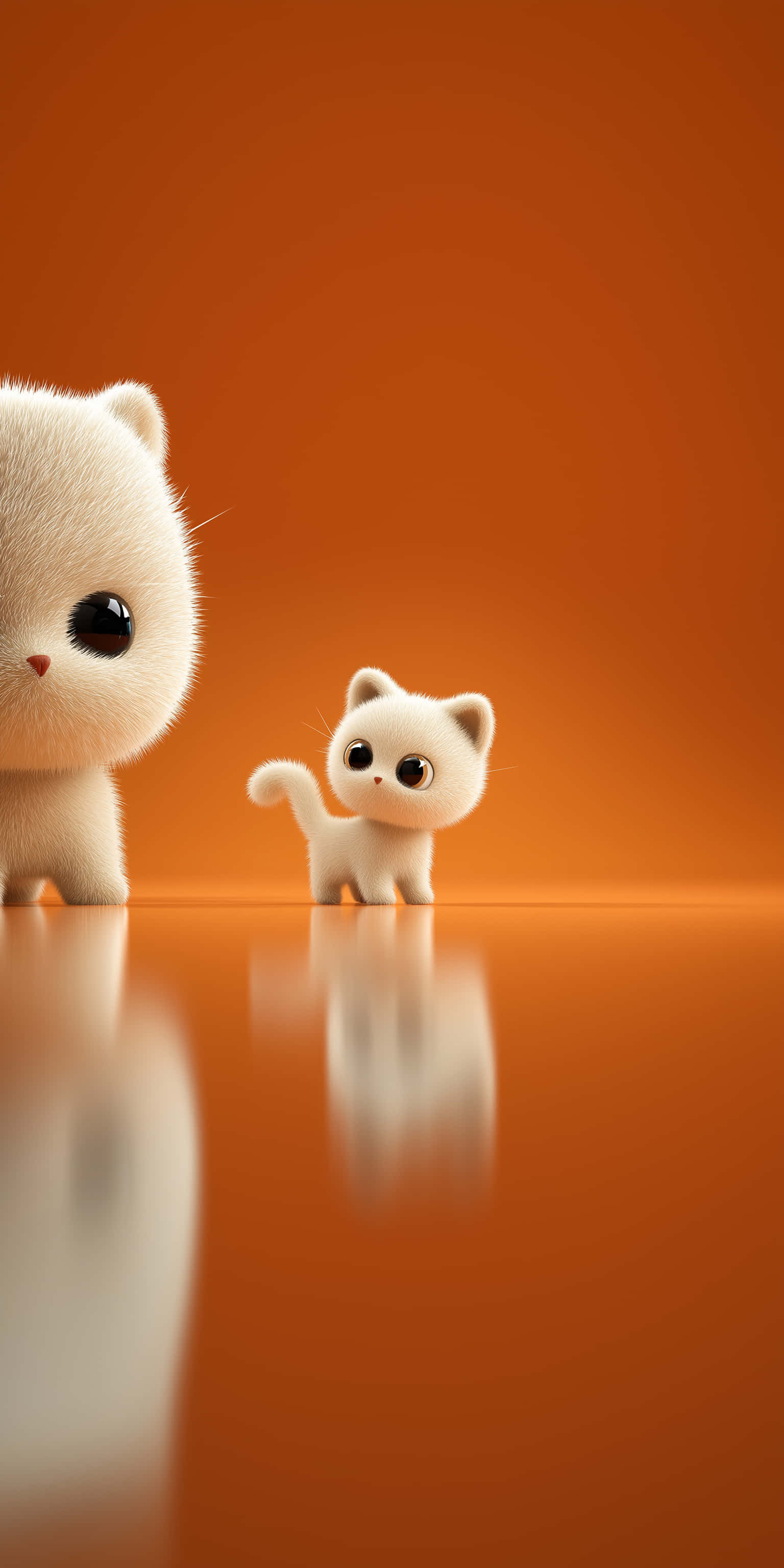 Isang malambot na duo ng malaki at maliit na kuting na may malalaking ekspresibong mata sa isang masiglang orange na background Wallpaper