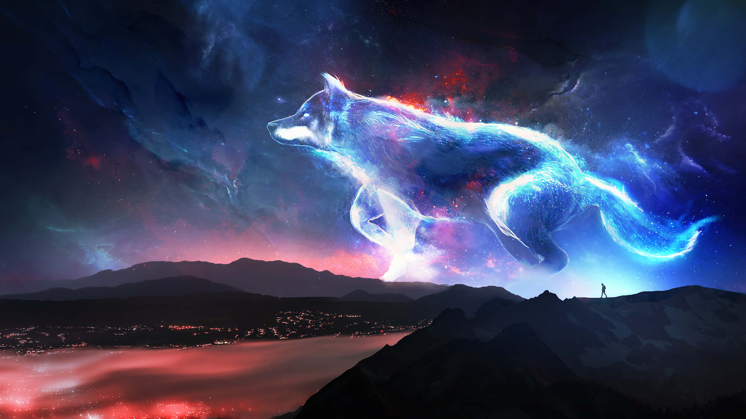 "Isang malamig at misteryosong lobo na umuungol sa kalangitan ng gabi". Wallpaper