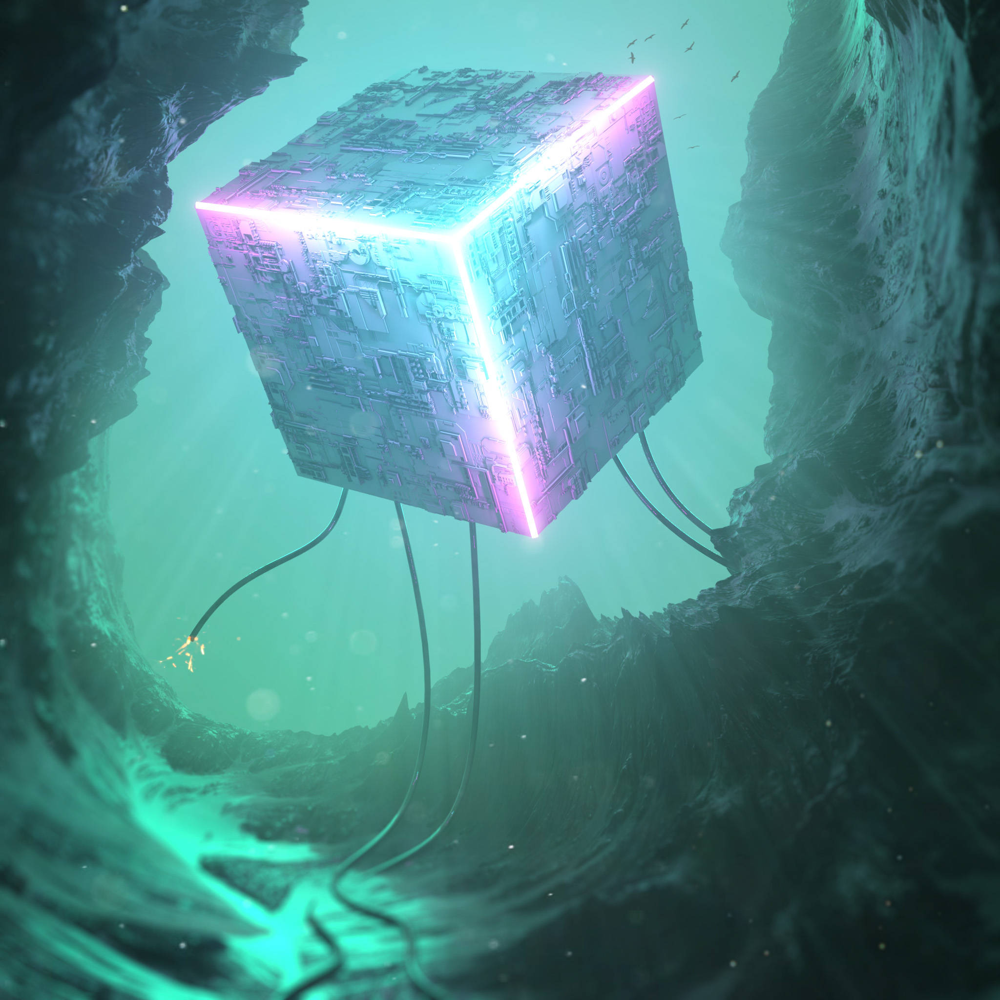 Isang Maliwanag na Nailaw na 3D Neon Cube Wallpaper