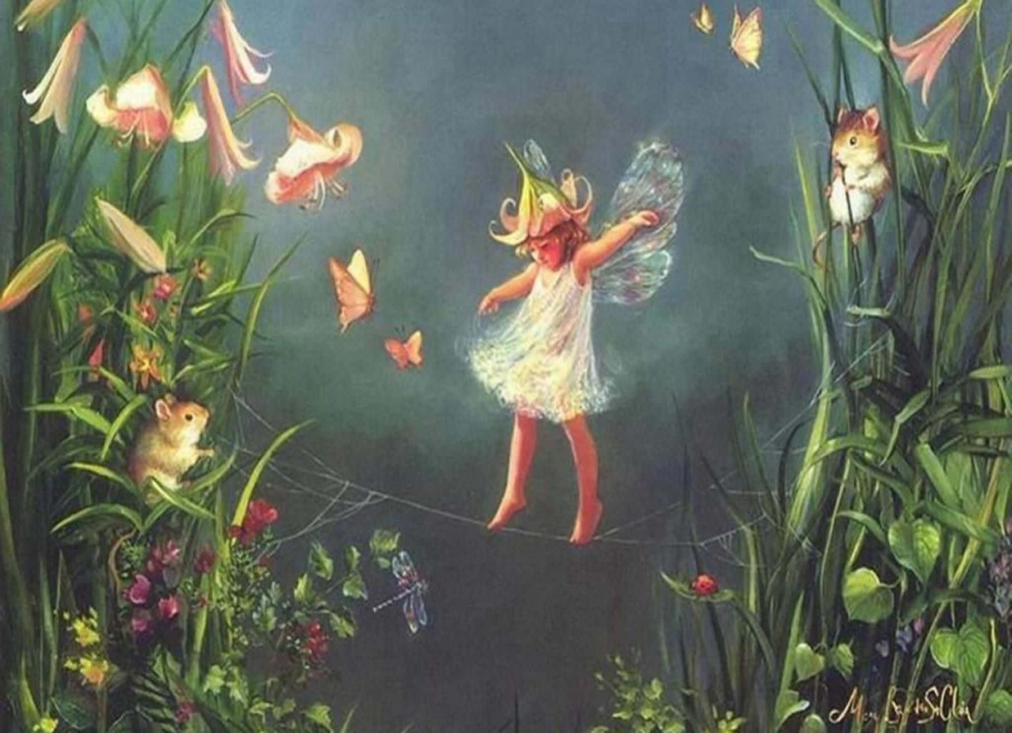 Isang mapaglarong diwata na lumilipad sa isang panaginip na paglubog ng araw Wallpaper