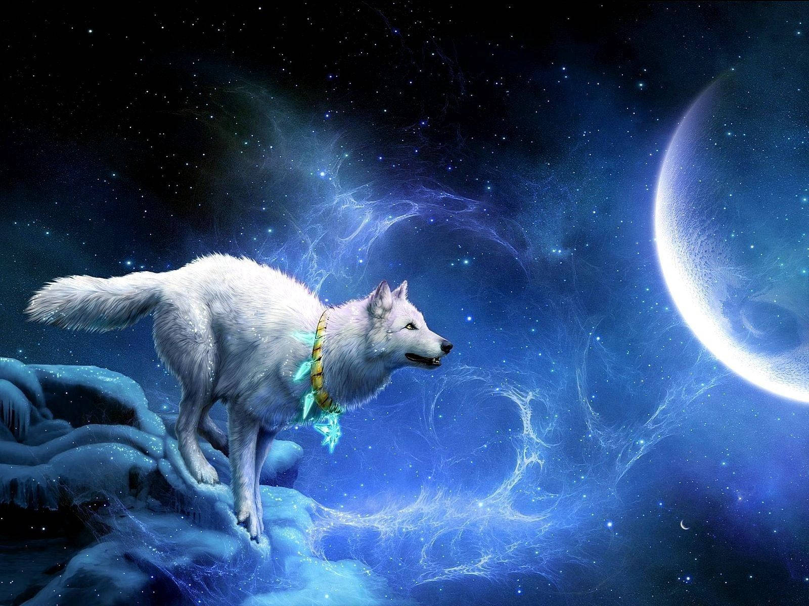 Isang maringal na puting lobo na umaalulong sa kabilugan ng buwan. Wallpaper
