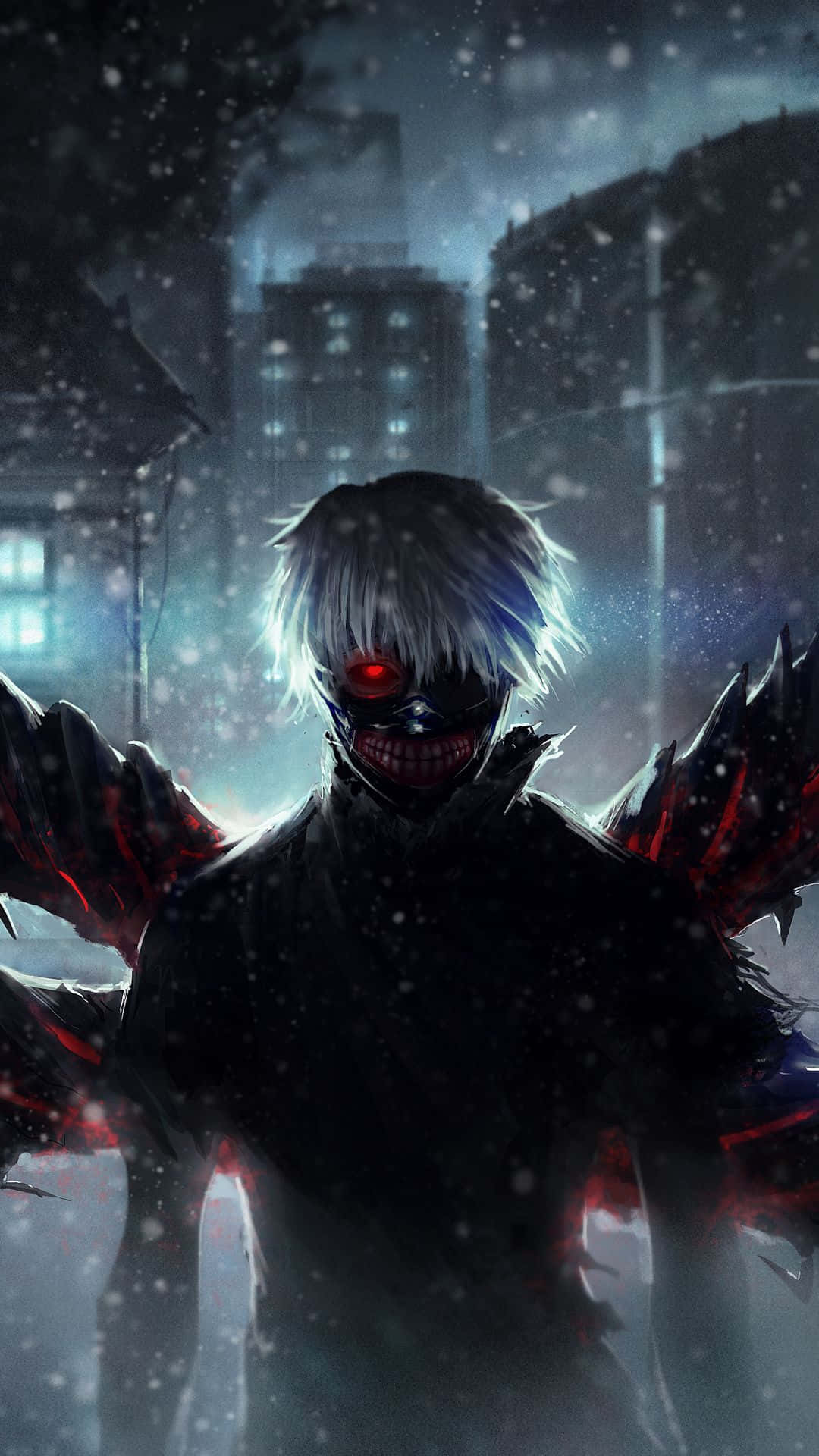 Isang-mata na ghoul, si Ken Kaneki ay sumasalot sa post-apocalyptic na Tokyo Wallpaper