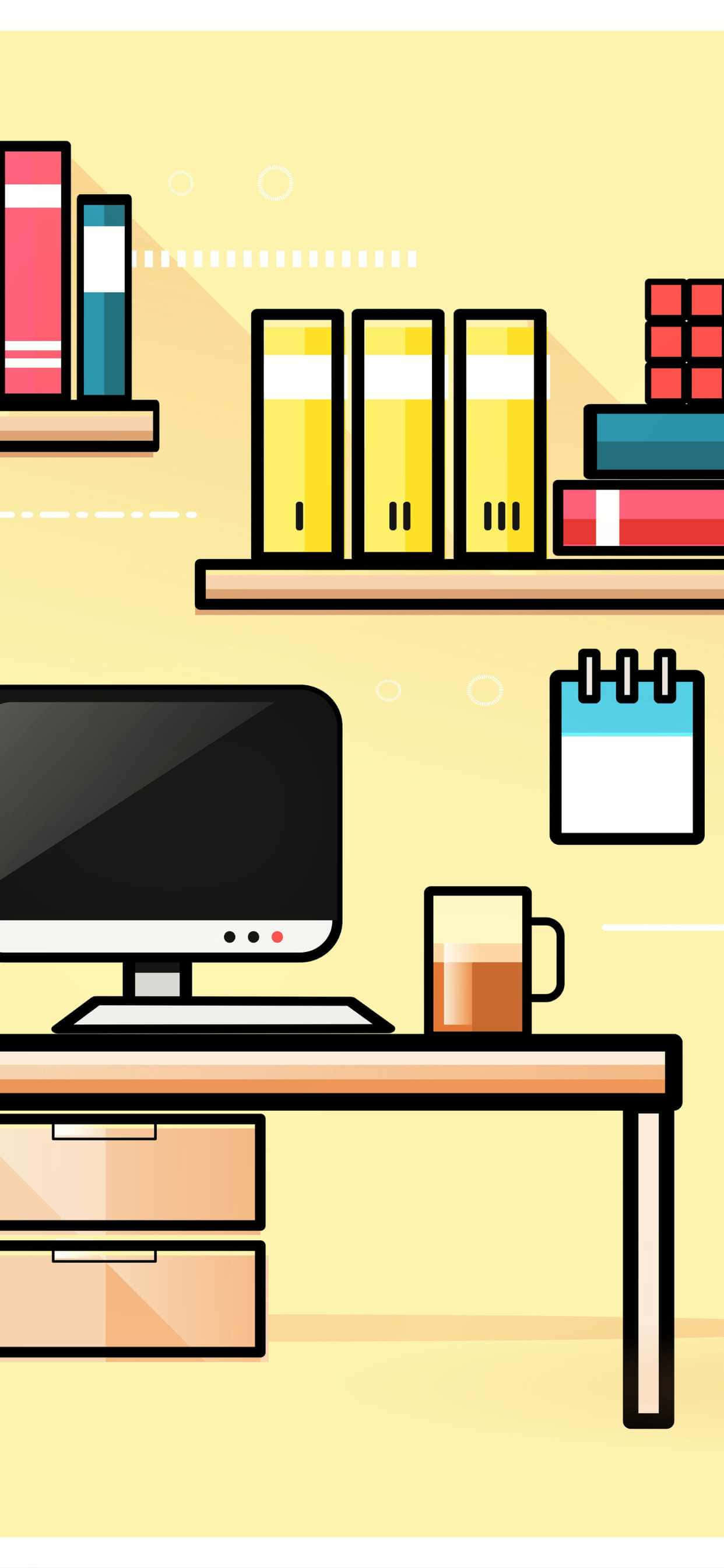isang mesa na may computer, mga libro, at isang tasa ng kape Wallpaper
