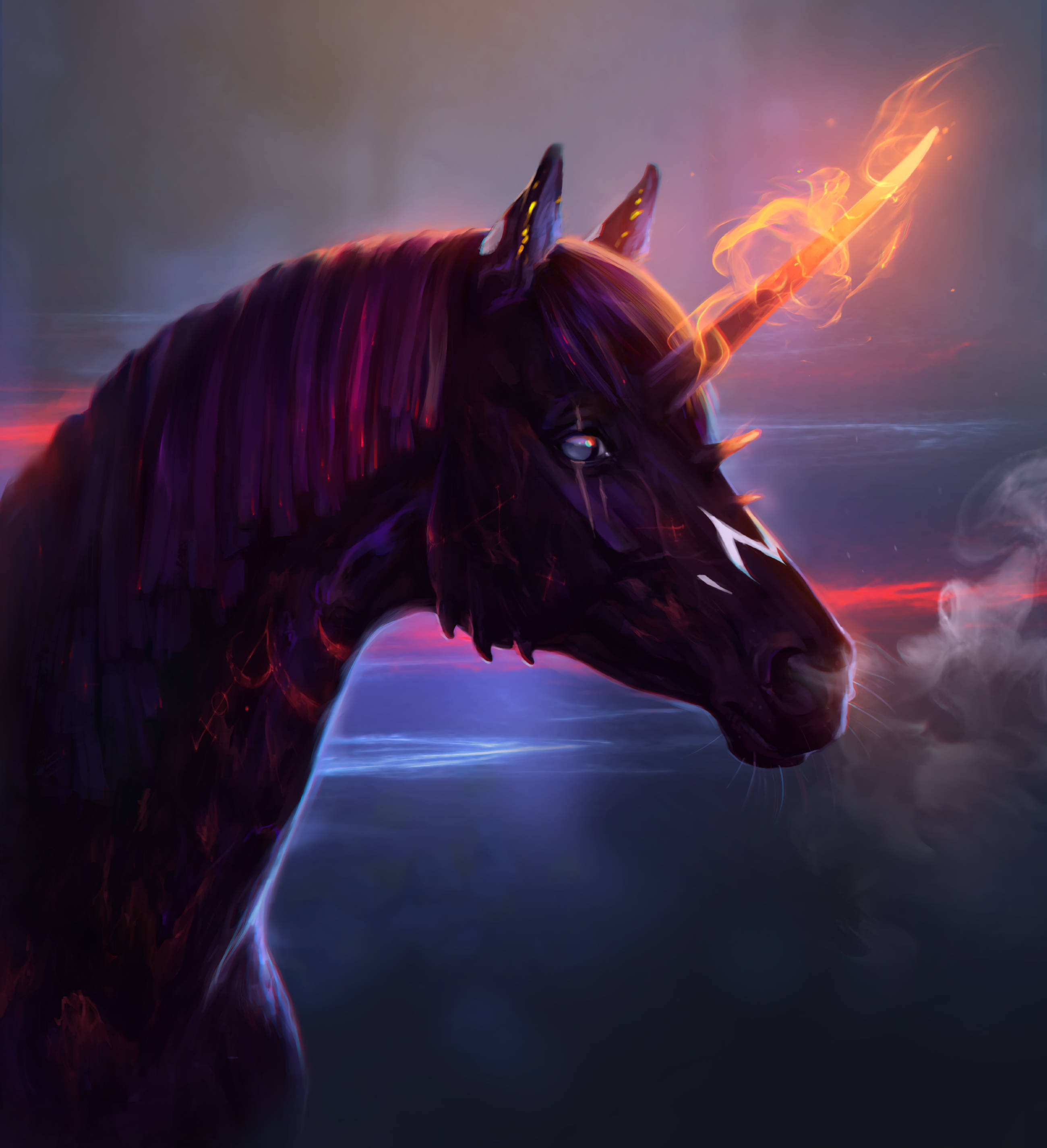 Isang mistikal na Unicorn na napapaligiran ng apoy Wallpaper