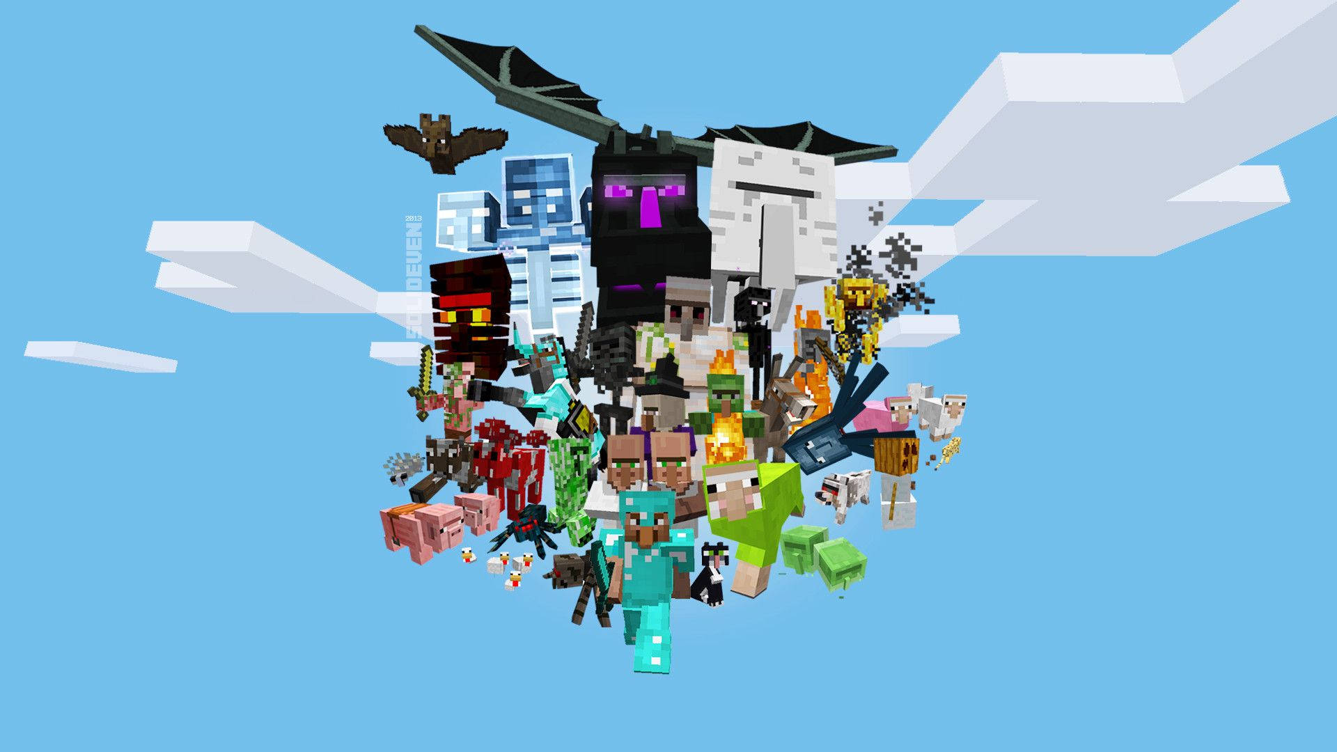 Isang Mob Menagerie sa Kalangitan ng Minecraft sa Tanghali Wallpaper